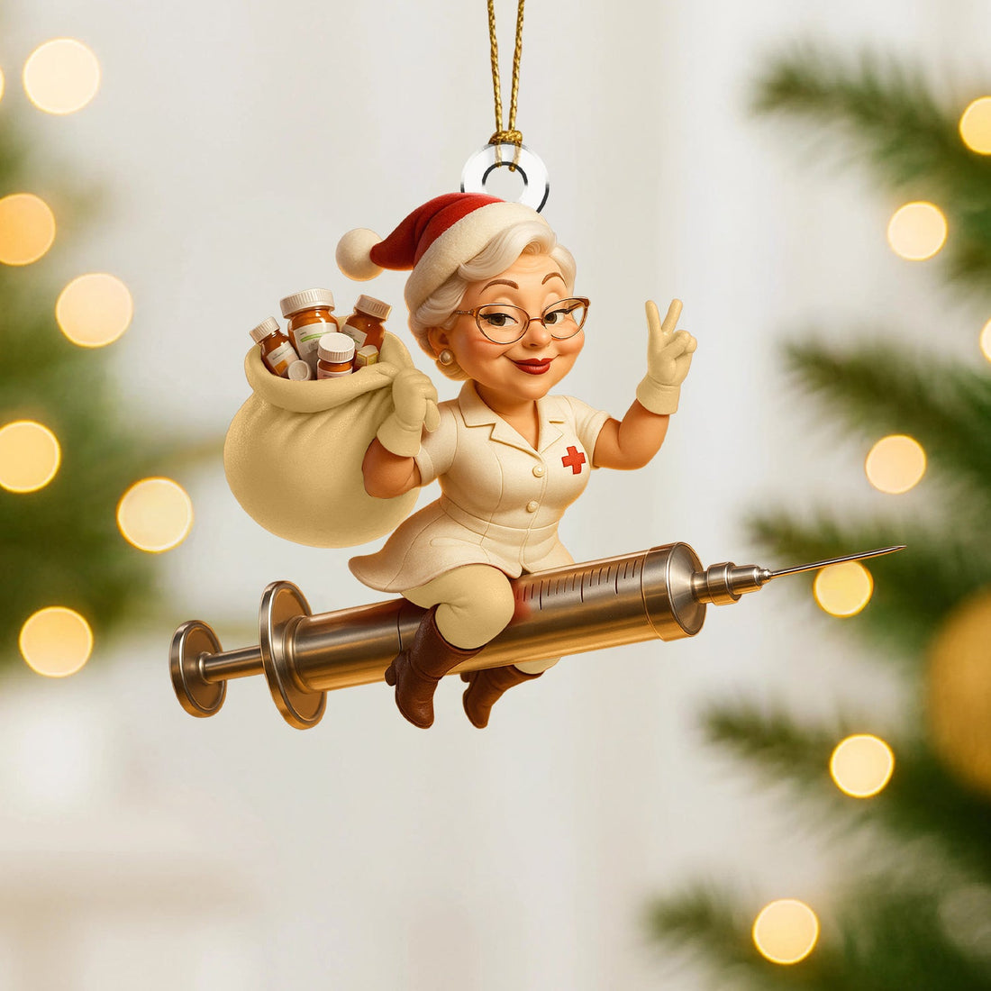 Personalized Santa Riding Syringe Nurse Ornament