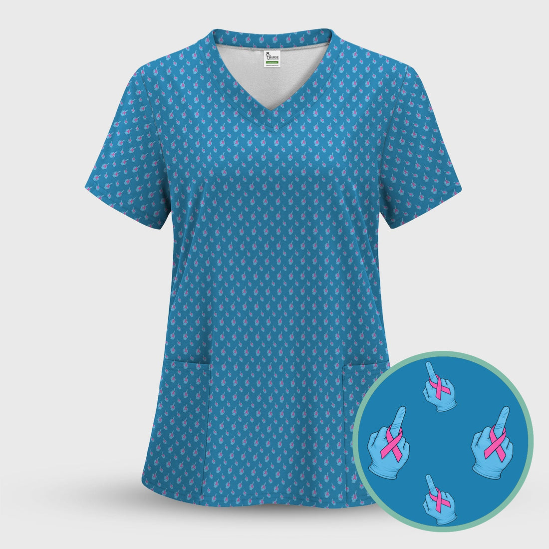 Breast Cancer Pink Ribbon October Nurse Scrub Top