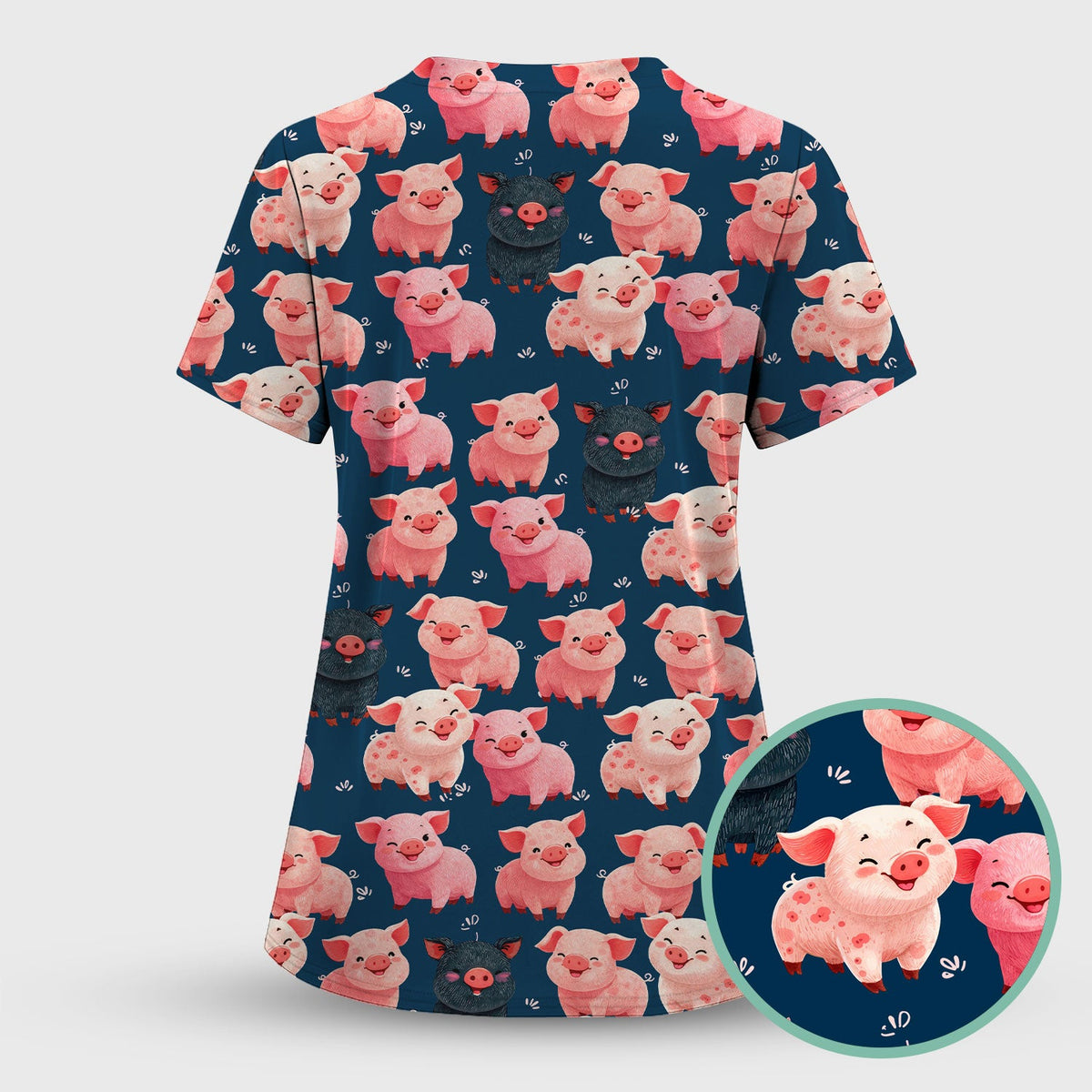 Funny Farm Pig Cartoon Pattern Scrub Top, Comfortable Scrubs for Nurses
