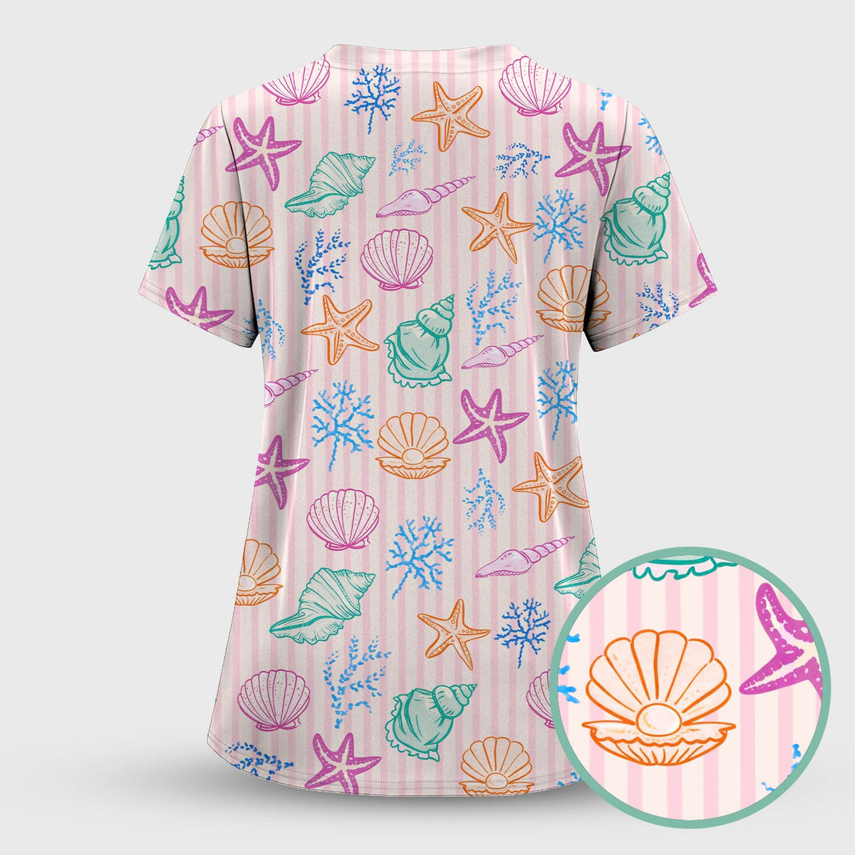 Colorful Seashell Starfish Ocean Stripe Nurse Scrub Top
