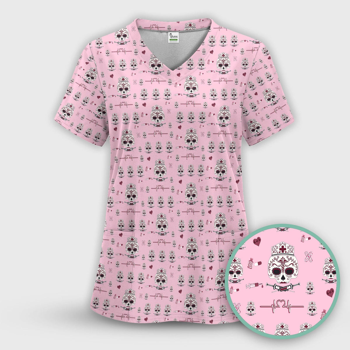 Sugar Skull Scrub Top, Skull Pattern Scrub Shirt, Breathable Fabrics Nursing Uniform