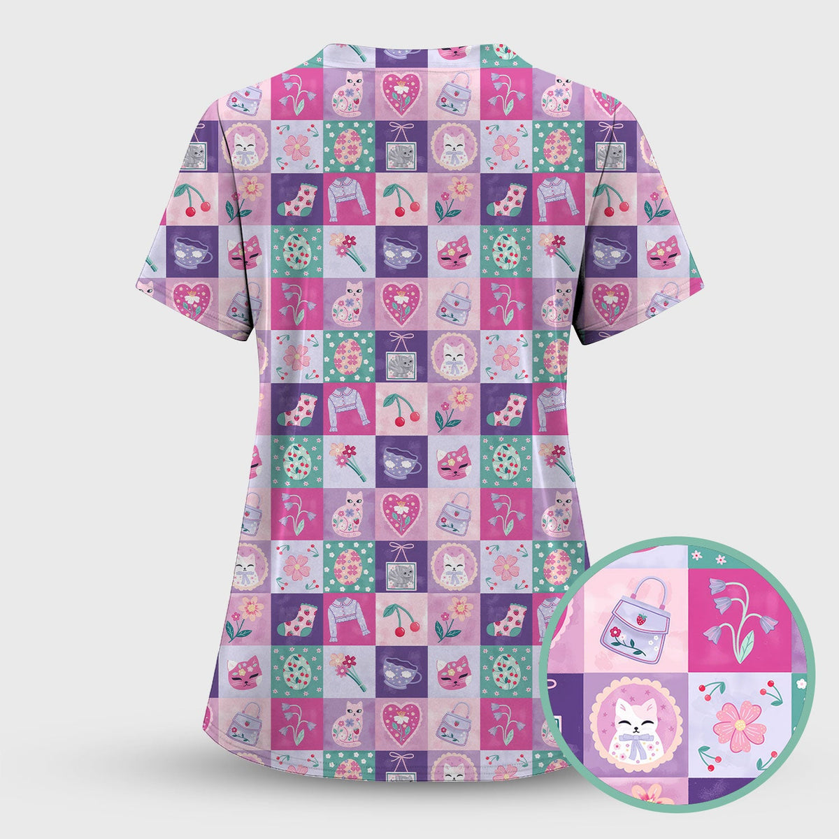 Pastel Cat Patchwork Kawaii Nurse Scrub Top