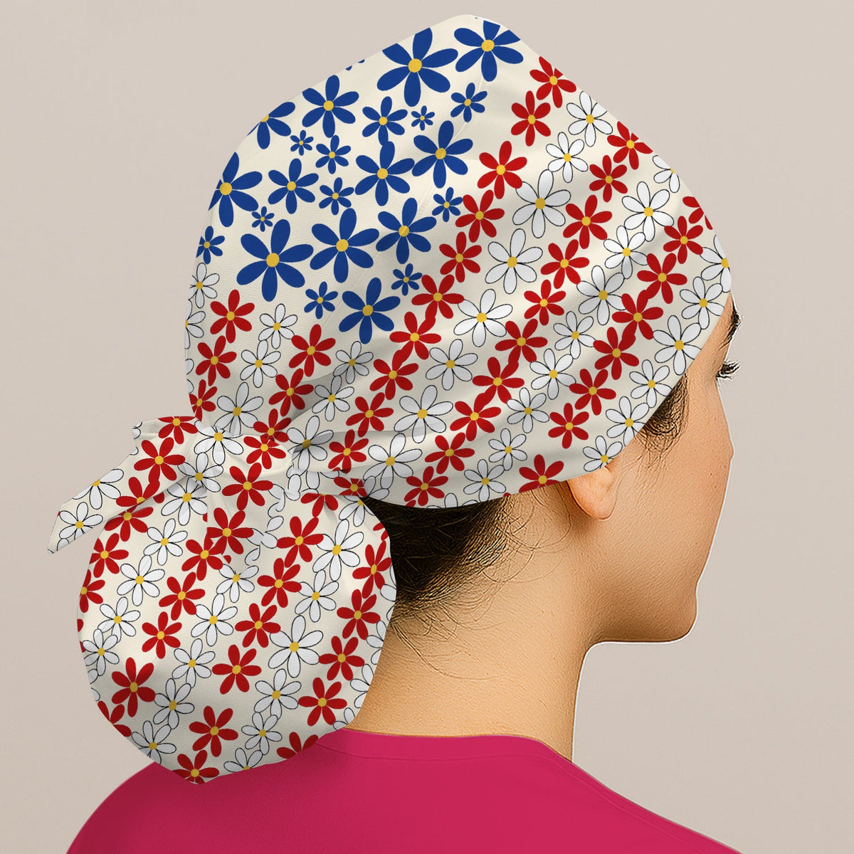 Retro Red Blue Daisy Scrub Cap