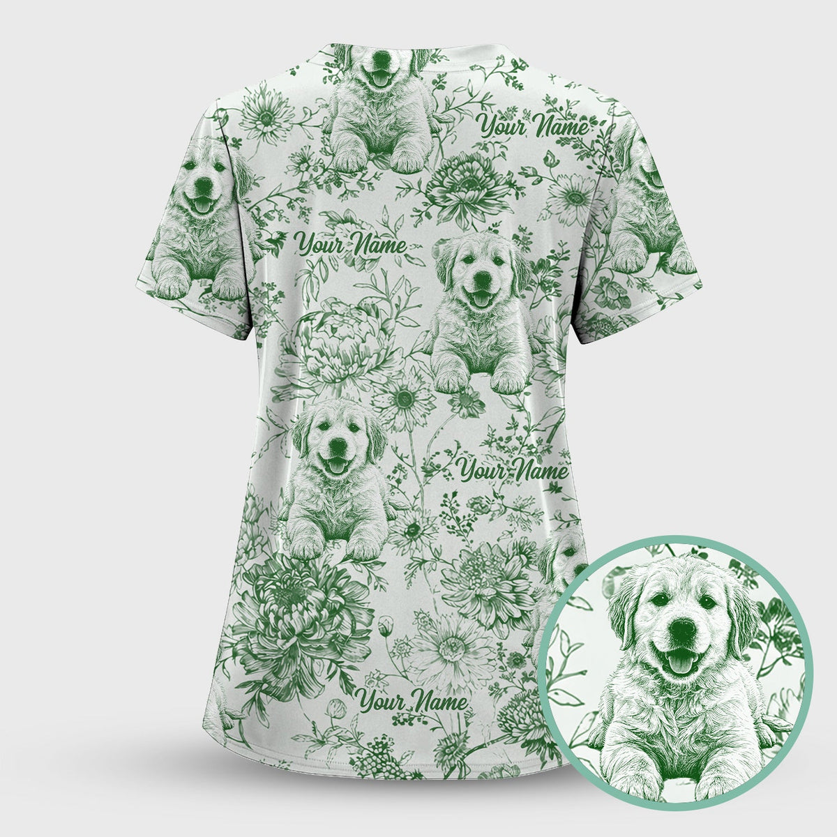 Personalized Pet Photo Floral Nurse Scrub Top