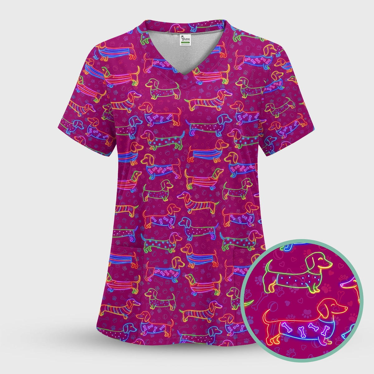 Neon Wiener Dog Nurse Scrub Top