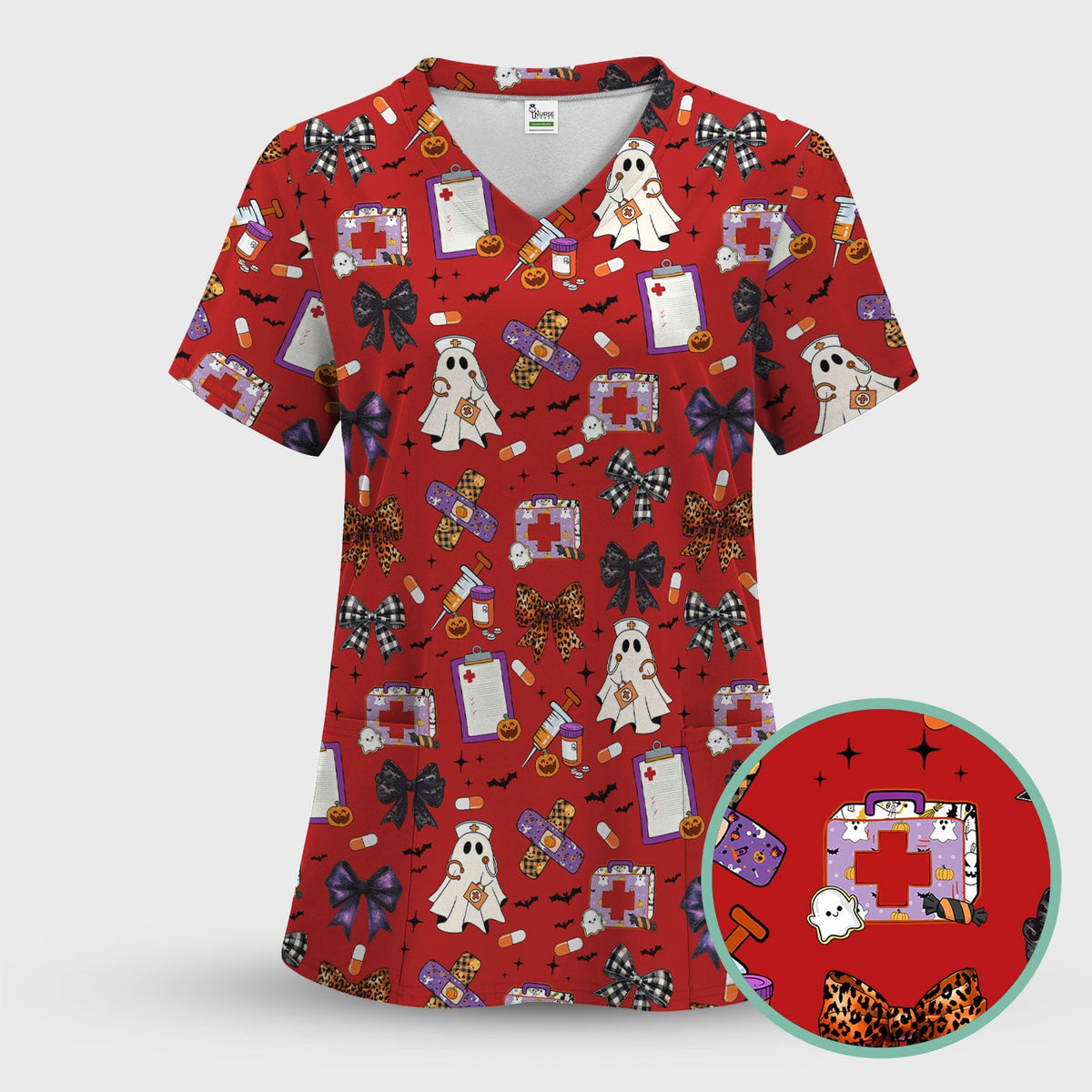 Spooky Ghost Pumpkin Bow Nurse Scrub Top