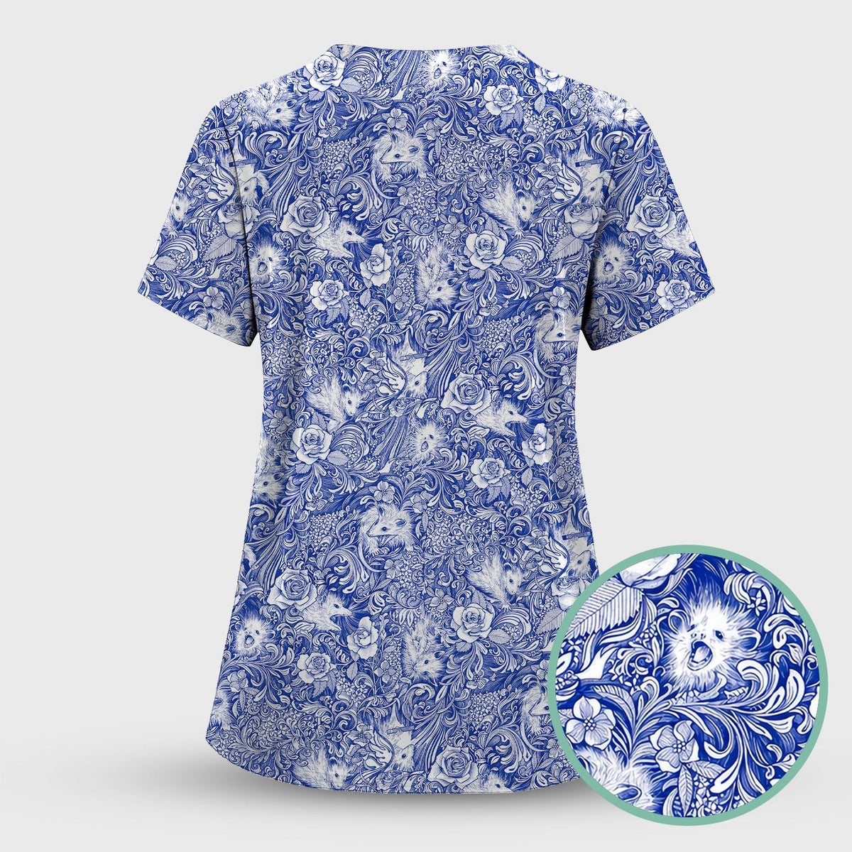 Blue Toile Opossum Floral Nurse Scrub Set