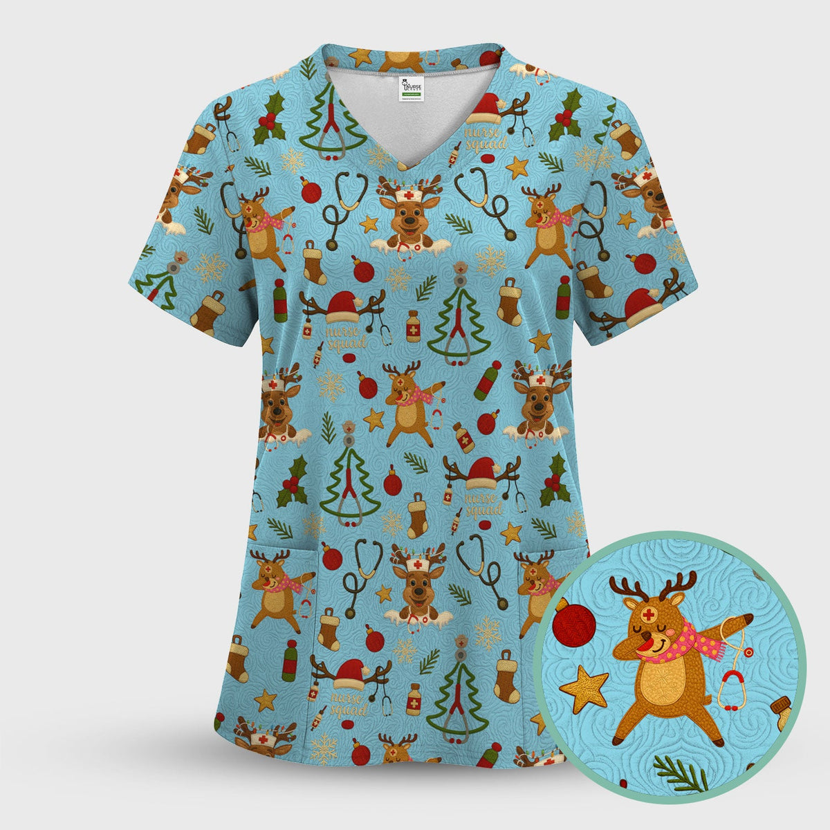 Christmas Reindeer Scrub Top - Cute Holiday Nurse Scrubs with Reindeer Print - Funny Xmas Medical Scrub Shirt Gift for Women CNA RN Doctor