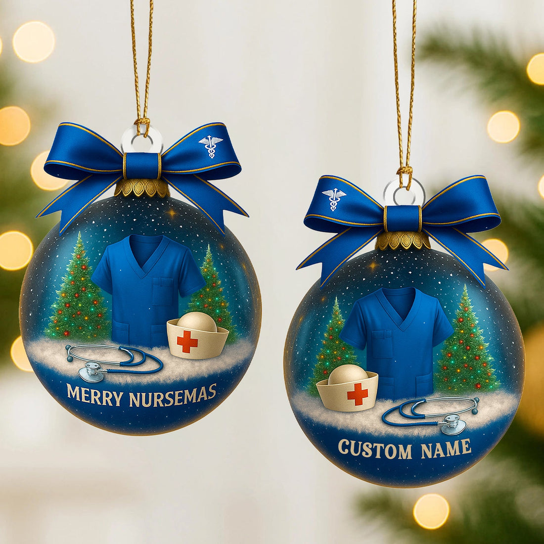 Personalized Blue Scrub Bow Christmas Nurse Ornament