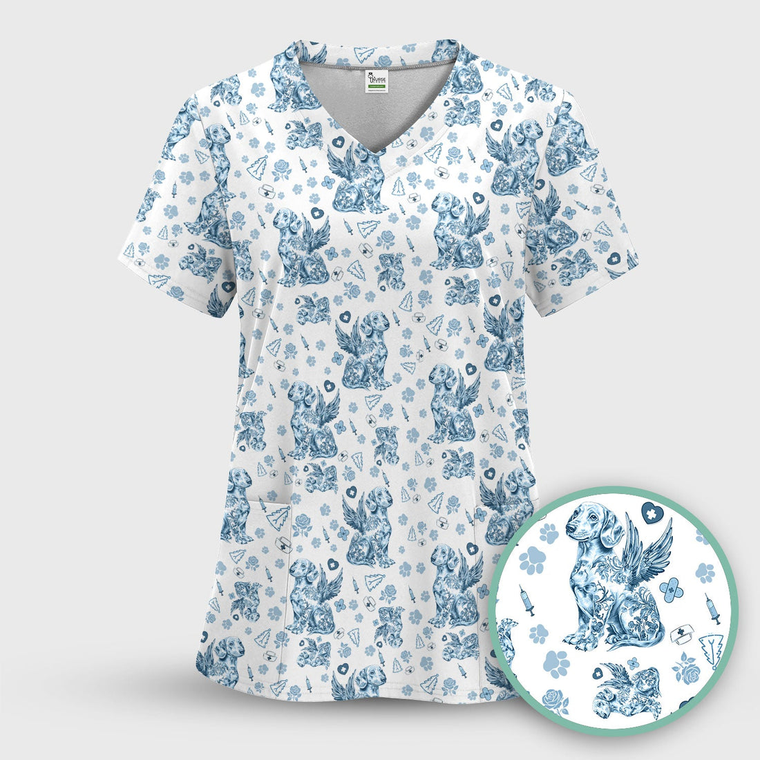 Toile De Jouy Dachshund Angel Scrub Top - Christmas Gift For Nurse