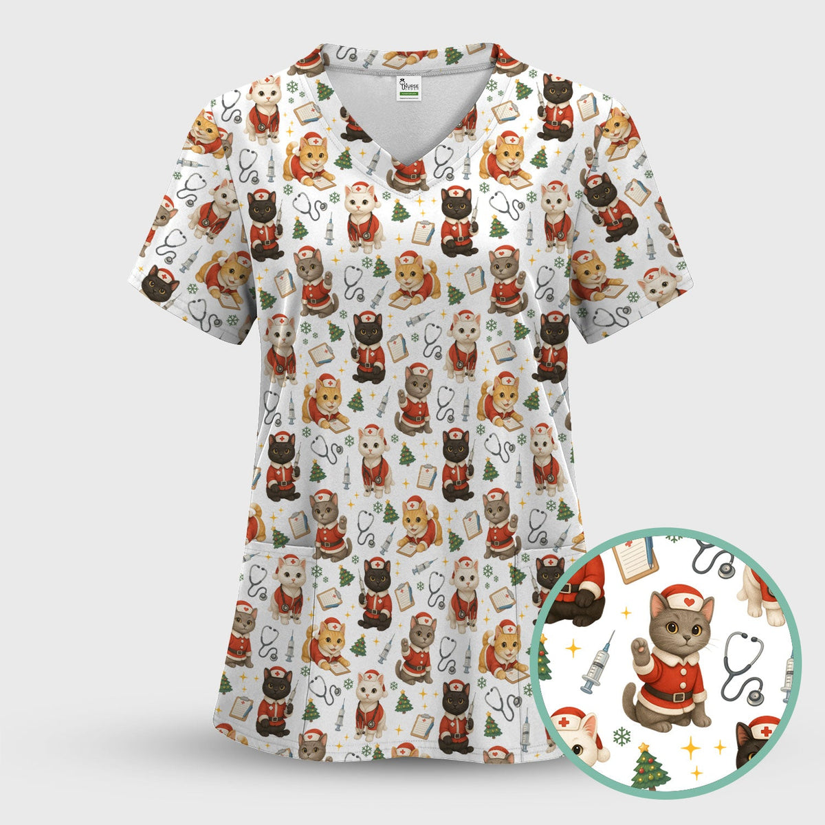 Funny Nurse Scrub Top for Women - Christmas Lucky Cat Design - Cute Holiday Nursing Shirt Gift for RN LPN CNA