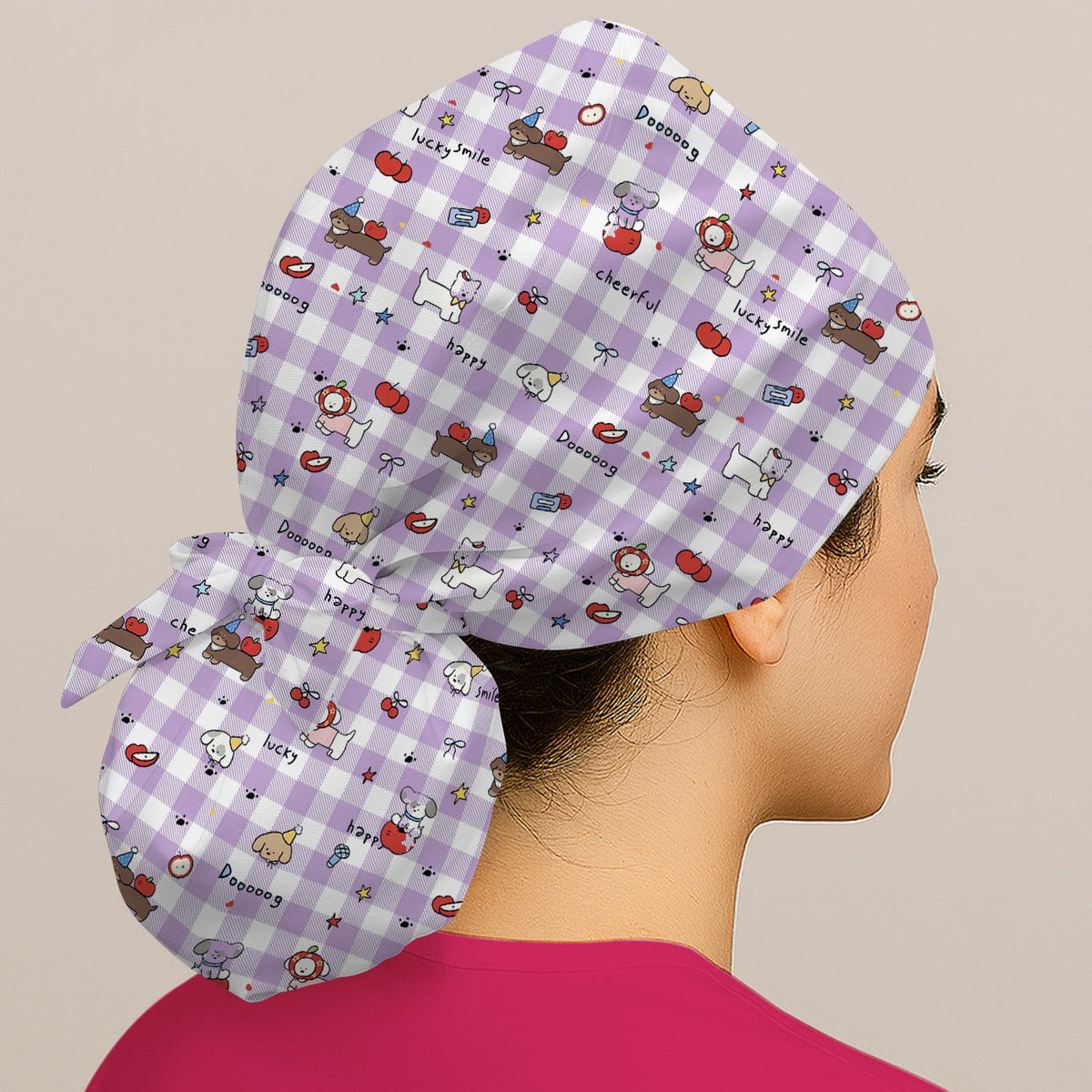 Cartoon Puppy Apple Gingham Scrub Cap
