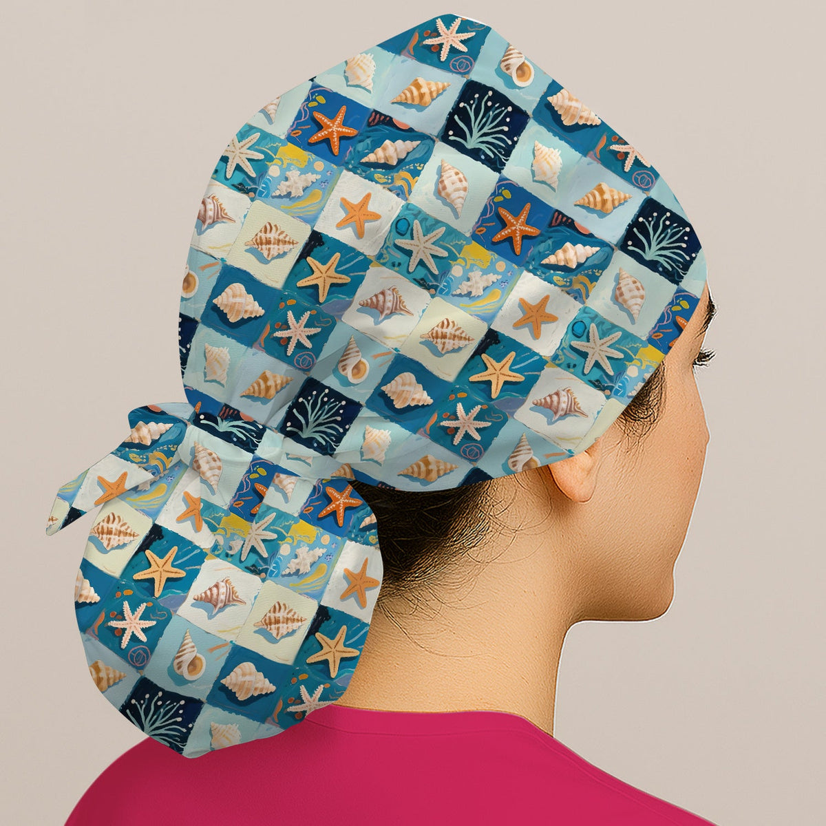 Seashell Starfish Ocean Tile Scrub Cap