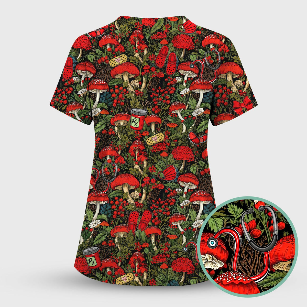 Red Mushroom Forest Nurse Scrub Top