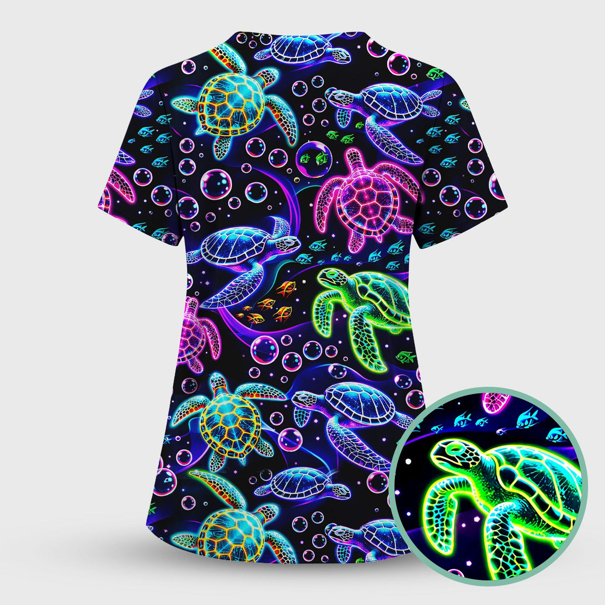 Neon Sea Turtle Swimming Bubble Ocean Scrub Set, Scrub Pants and V Neck Top