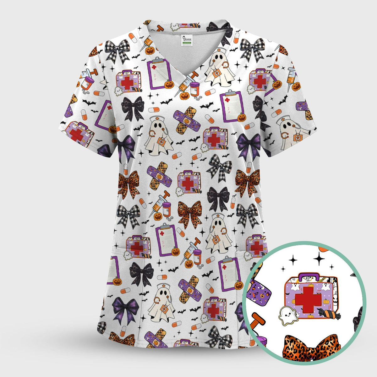 Spooky Ghost Pumpkin Bow Nurse Scrub Top