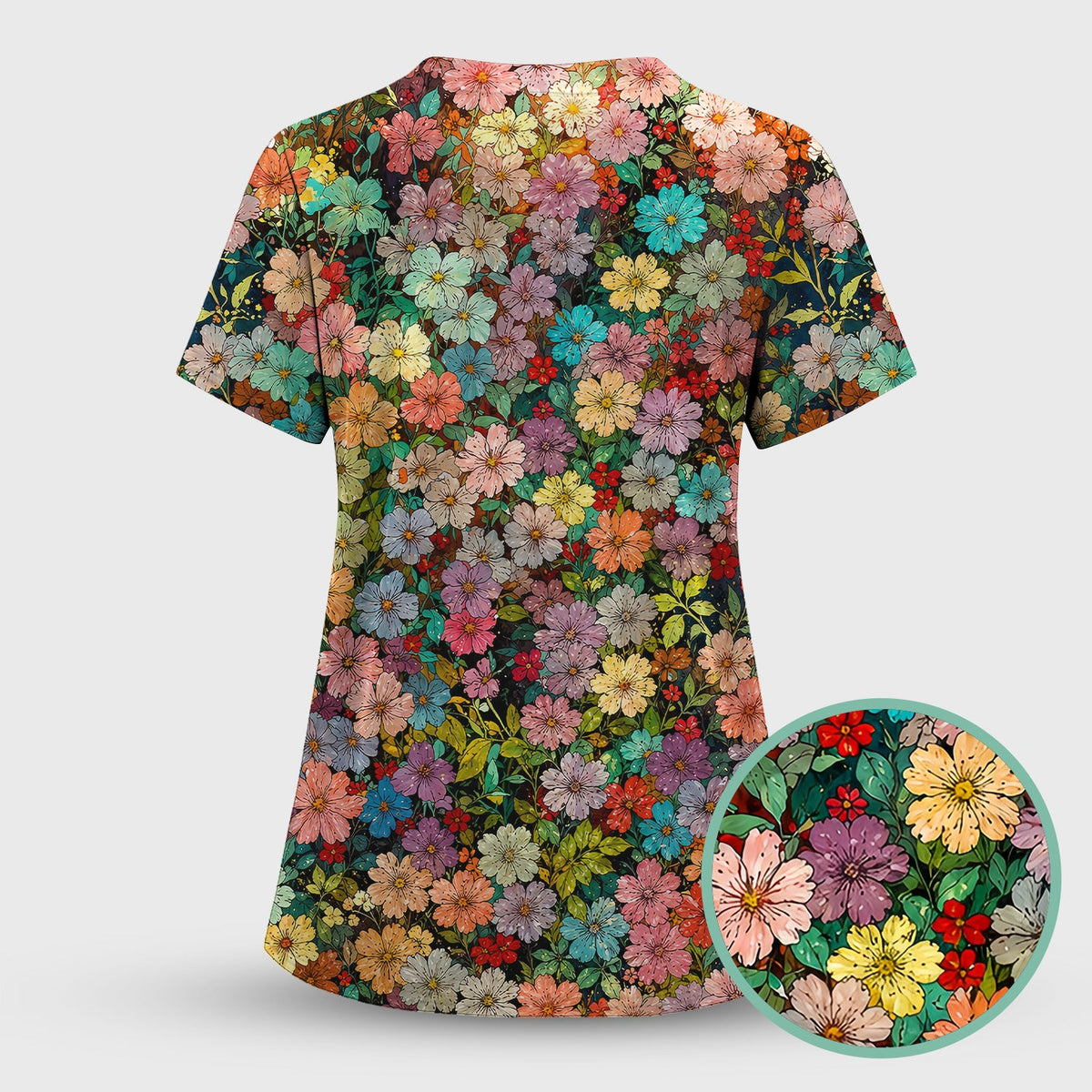 Colorful Wildflower Garden Bloom Pattern Nurse Scrub Top