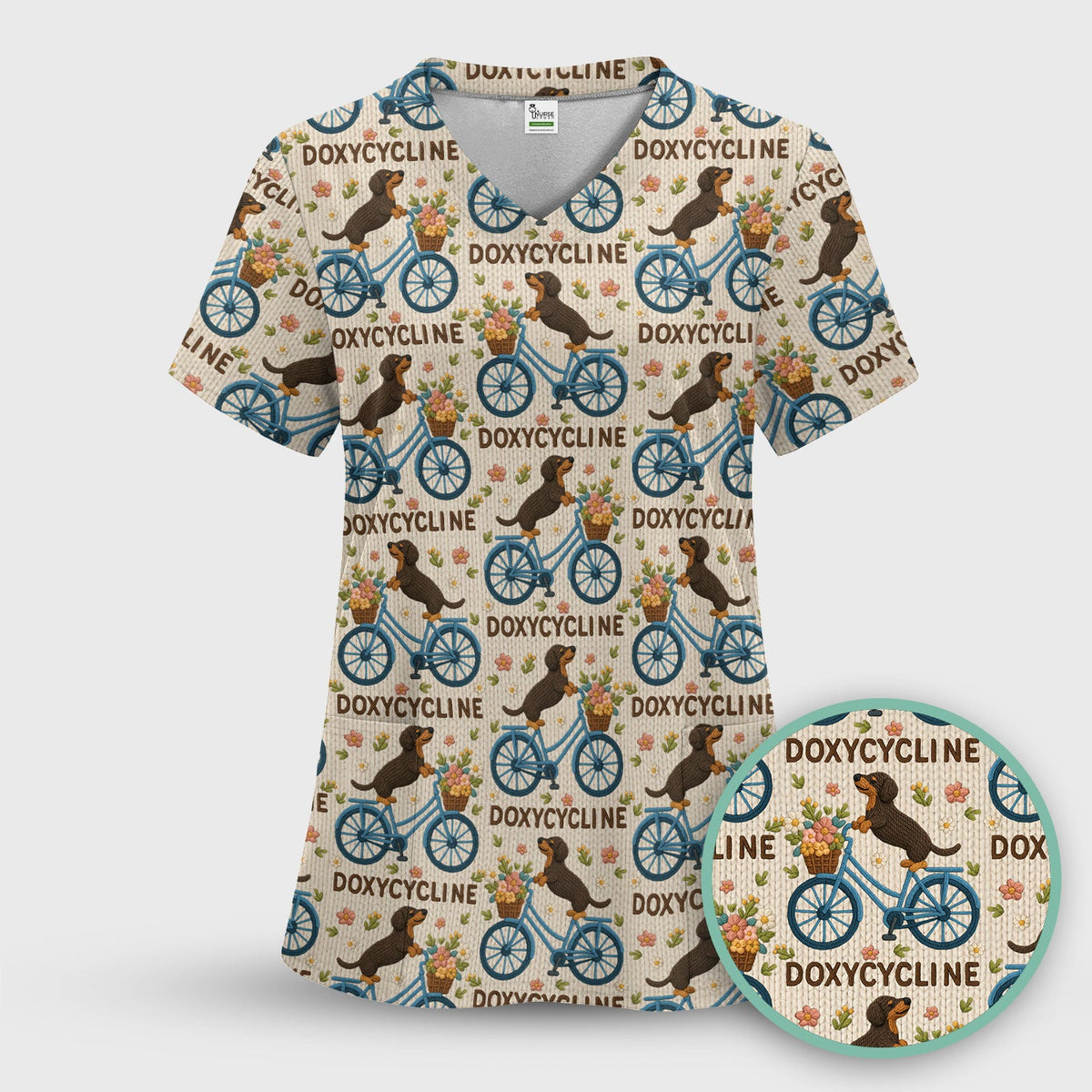 Doxycycline Pharmacy Pun Scrub Top - Dachshund on Bicycle Pharmacists Shirt - Veterinary Technicians Gift