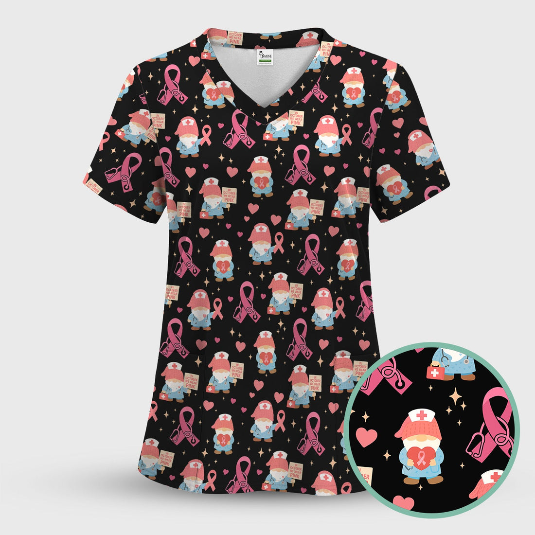Breast Cancer Awareness Gnome Nurse Scrub Top