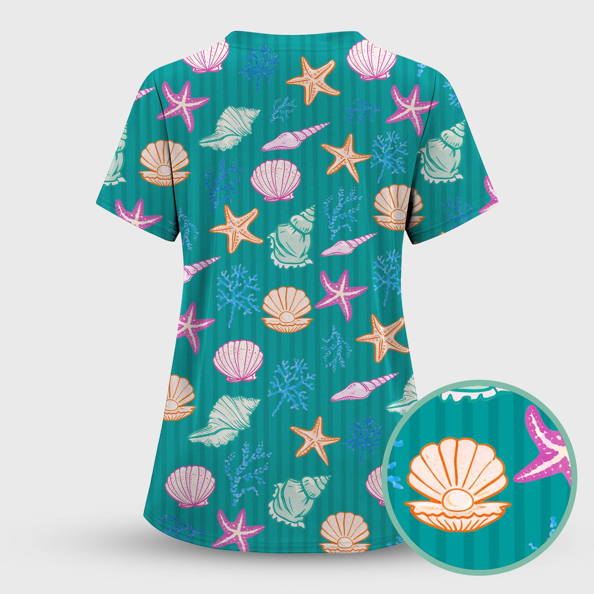 Colorful Seashell Starfish Ocean Stripe Nurse Scrub Set