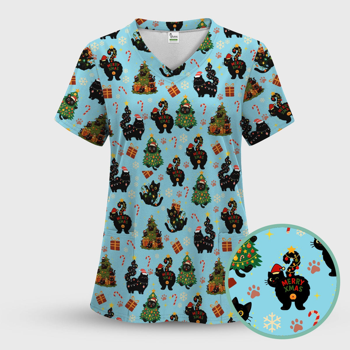 Christmas Cat Nurse Scrub Top - Funny Black Cat Print Medical Shirt for Women & Men - Cute Holiday Scrubs Gift for RN CNA Doctor