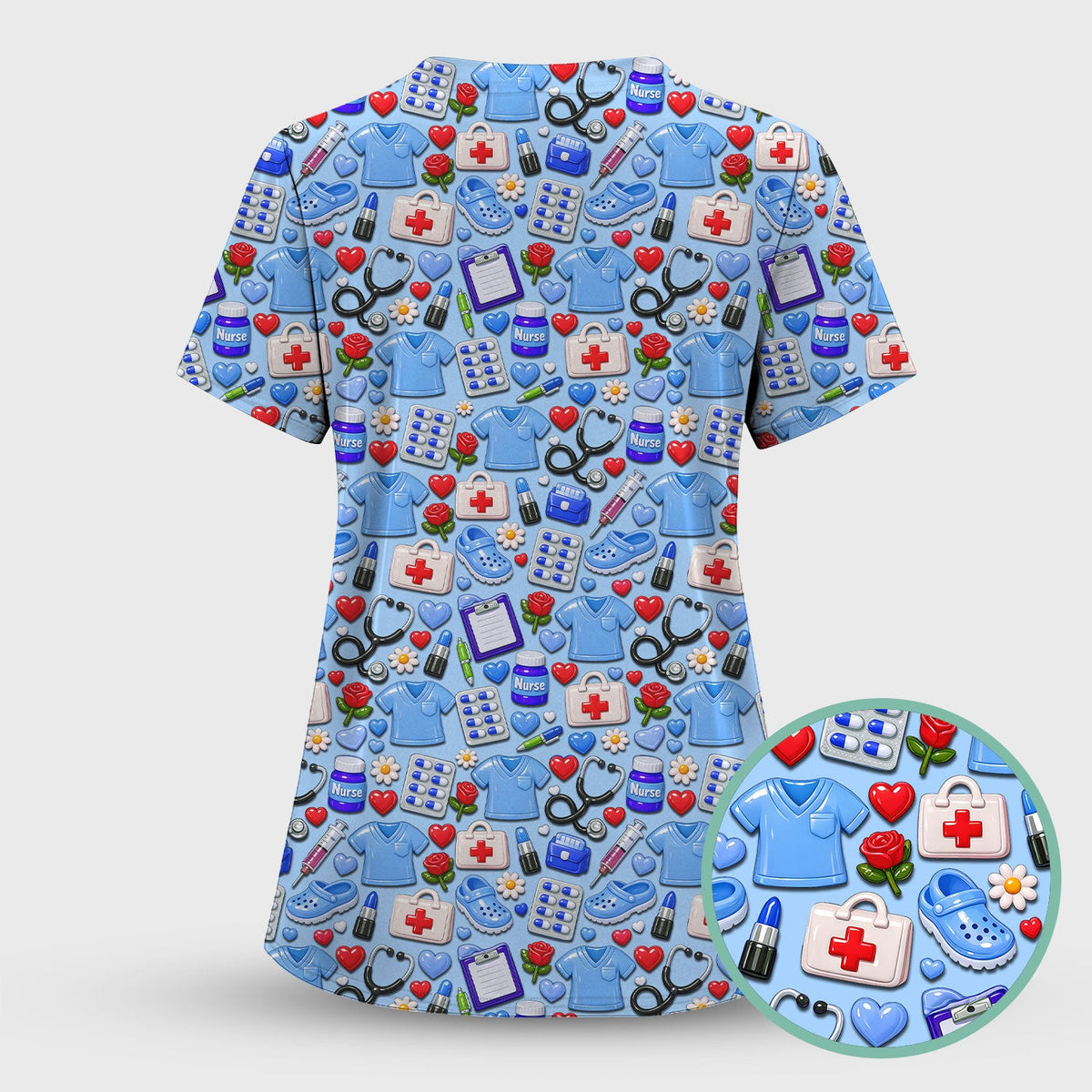 Medical Icons Scrub Top, Cute Pattern Nurse Shirt, Breathable Fabrics Nursing Uniform