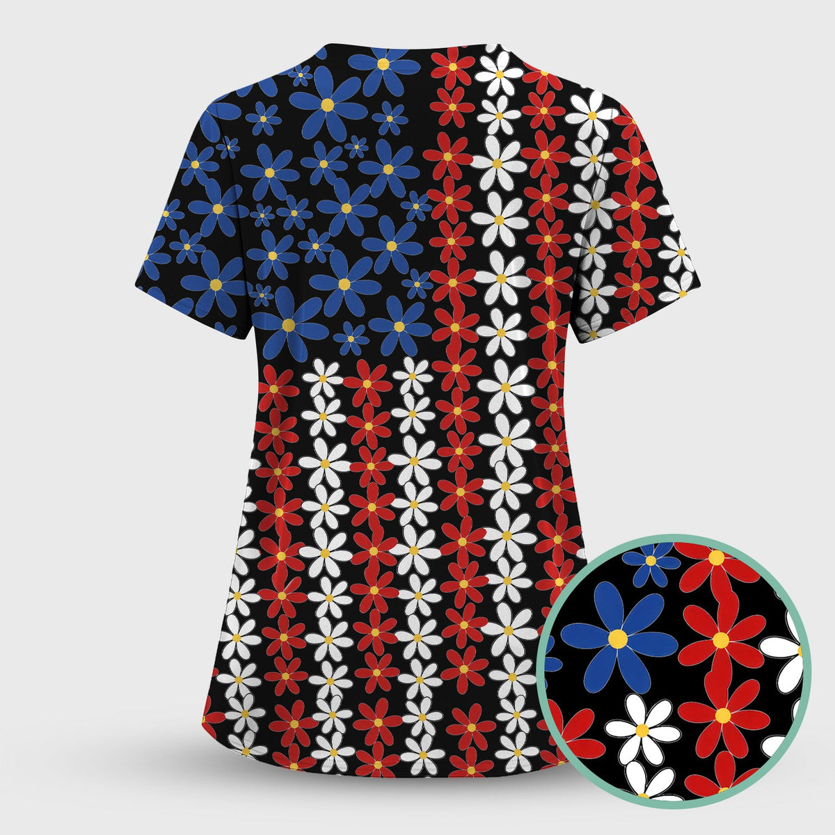 Retro Red Blue Daisy Nurse Scrub Set