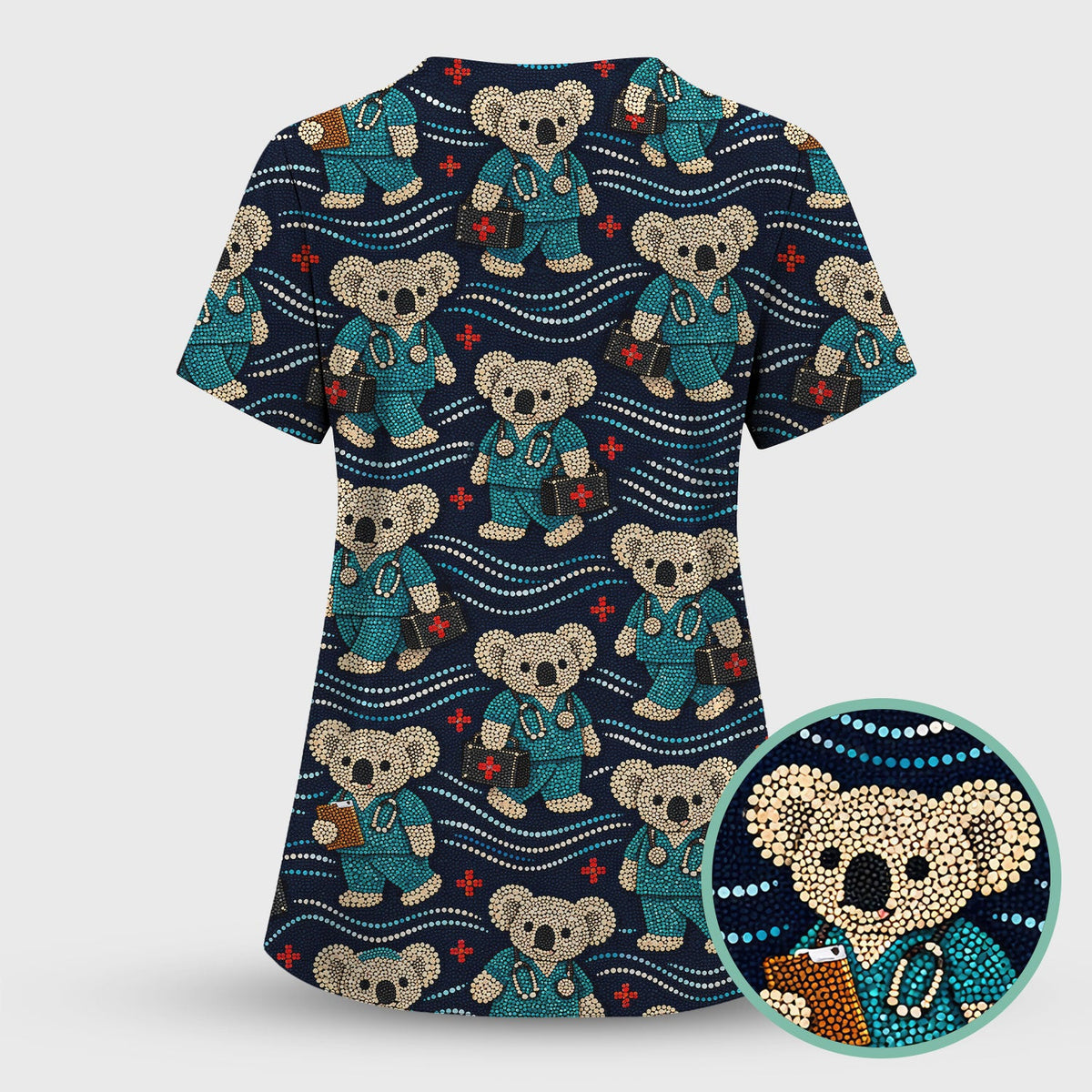 Aboriginal Dot Art Pattern Nurse Scrub Top, Koala Medical Shirt For Women, Breathable Fabrics Nursing Uniform