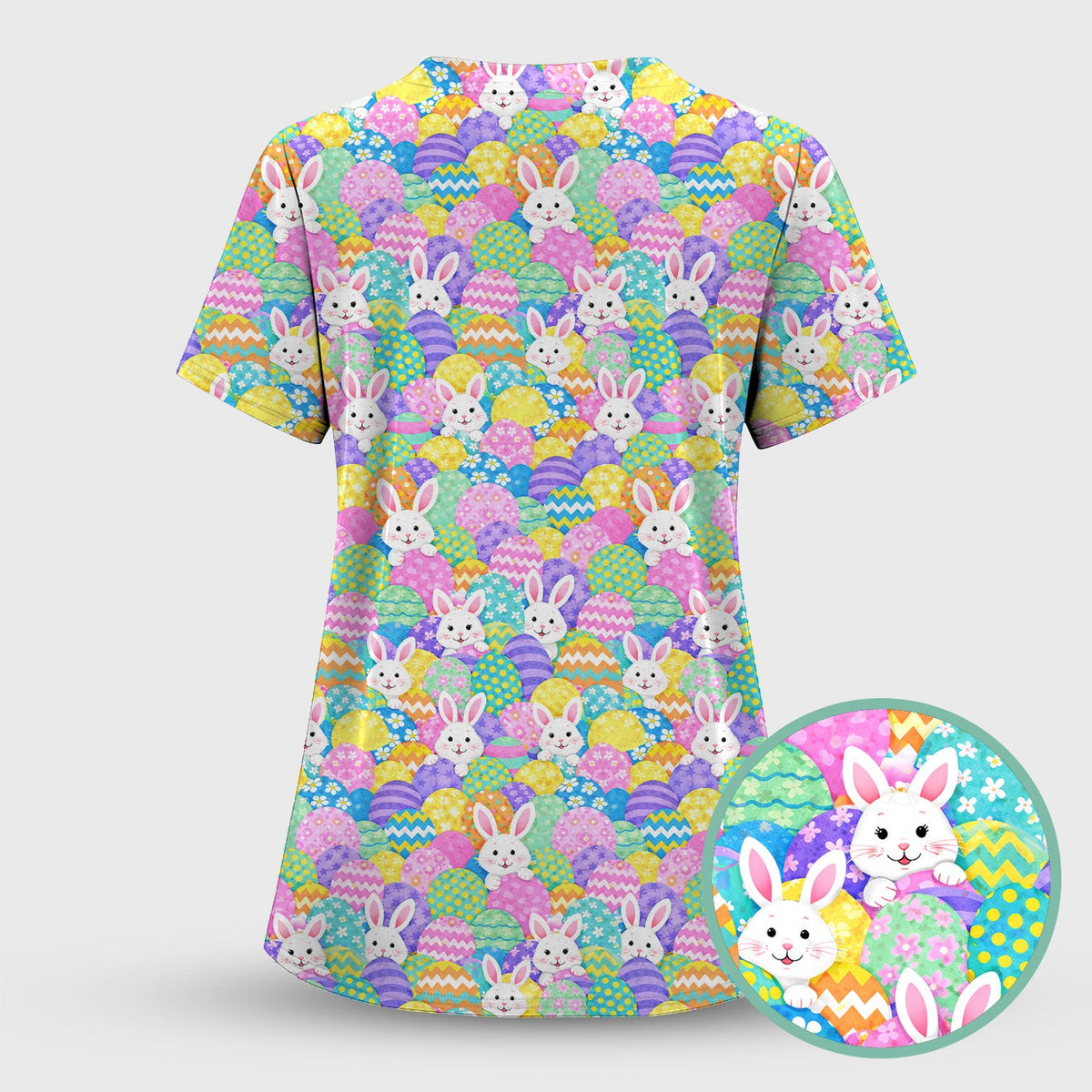 Easter Bunny Colorful Egg Pattern Print Scrub Top, Comfortable Scrubs for Nurses