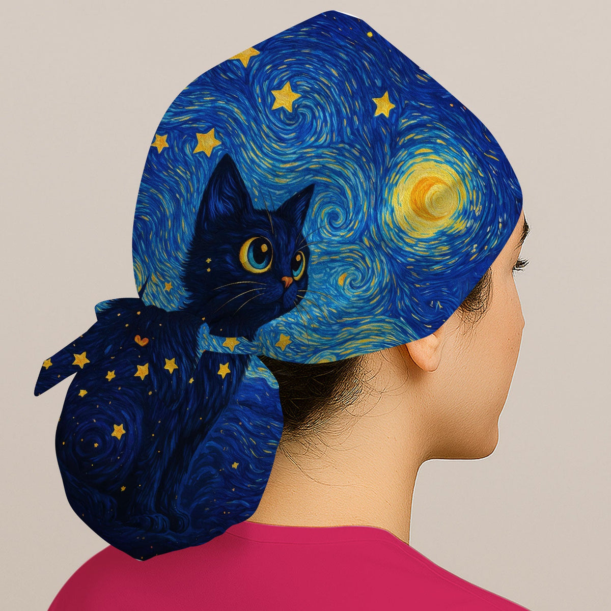 Black Cat Starry Night Scrub Cap