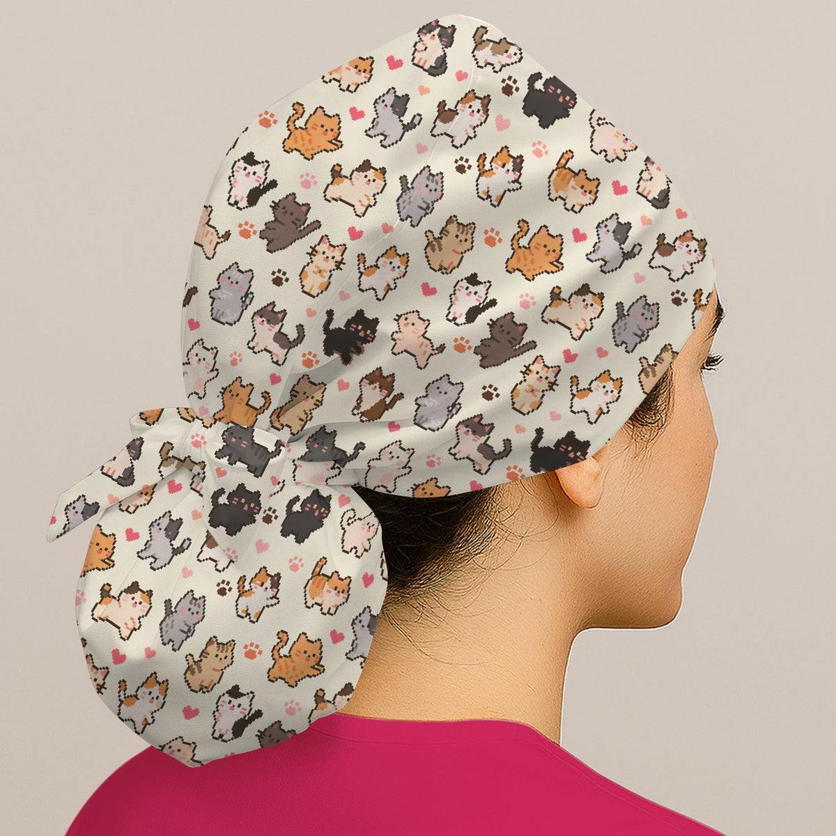 Pixel Cat Heart Paw Scrub Cap
