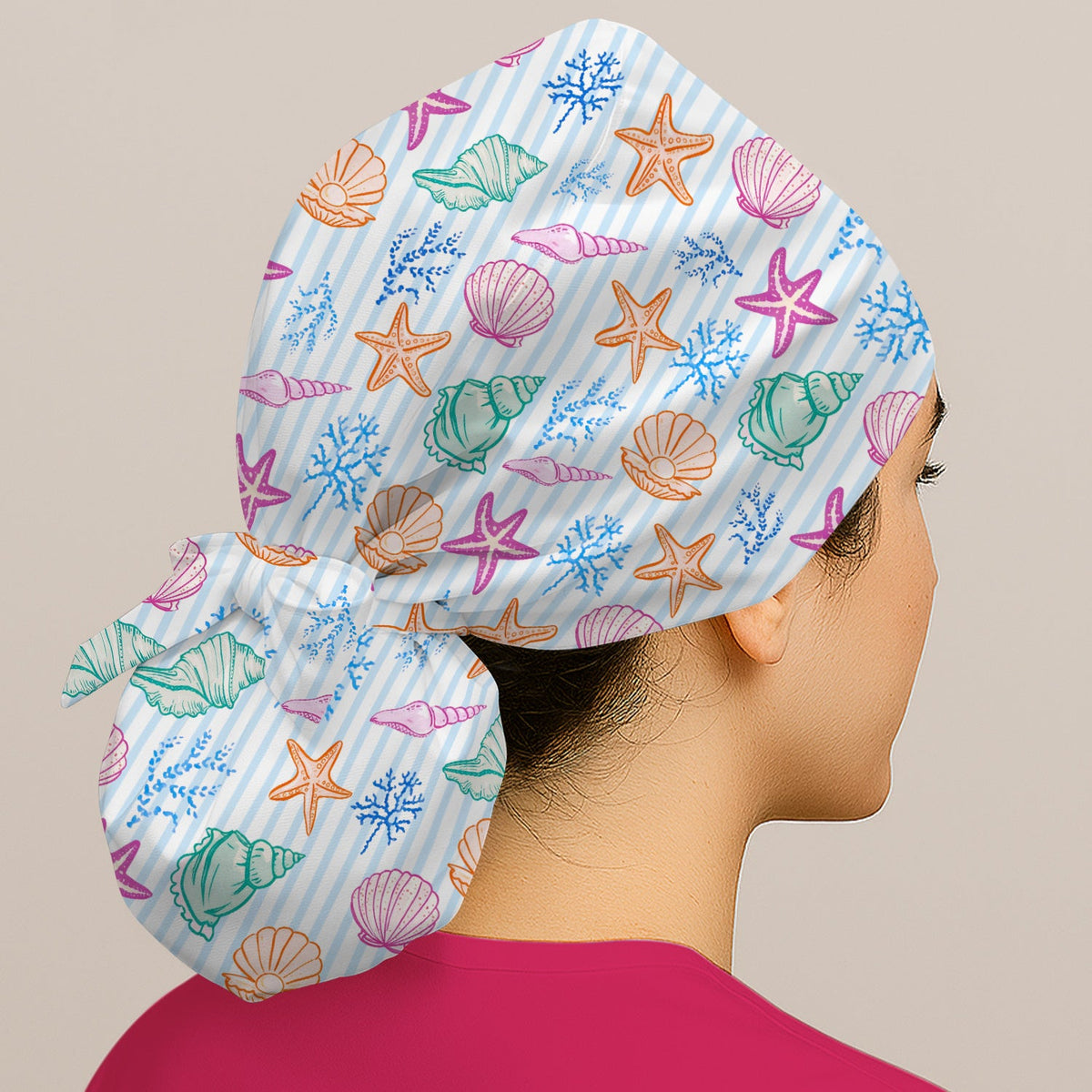 Colorful Seashell Starfish Ocean Stripe Scrub Cap