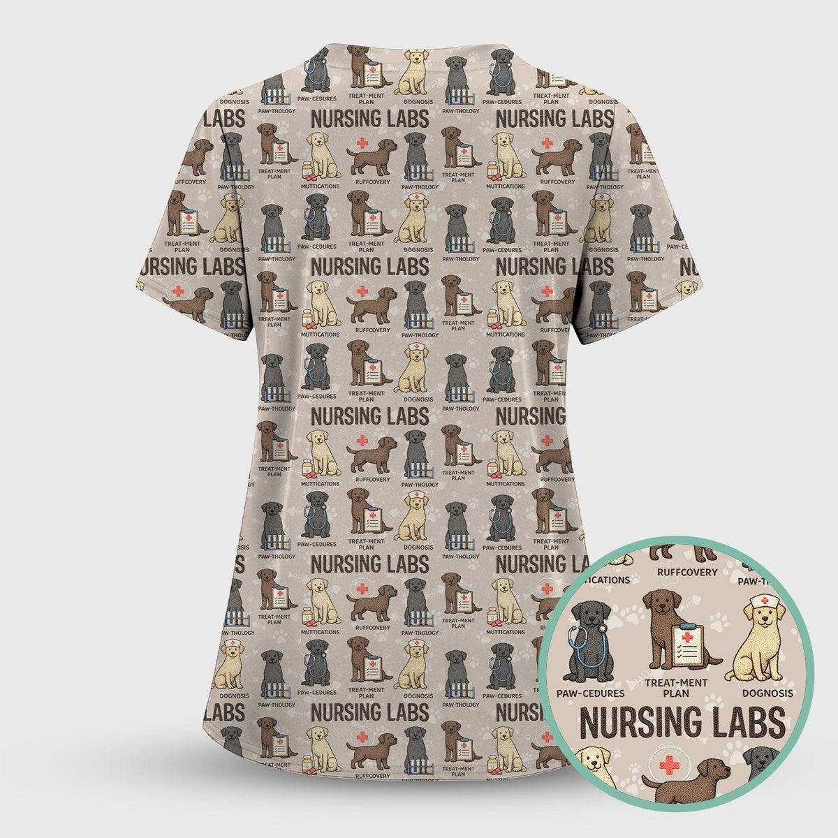 Playful Nursing Labs Dog Pattern Scrub Top, Comfortable Scrubs for Nurses