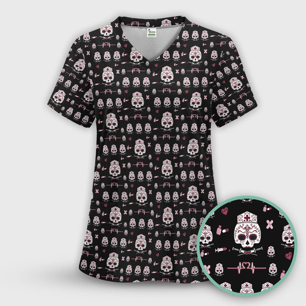 Sugar Skull Scrub Top, Skull Pattern Scrub Shirt, Breathable Fabrics Nursing Uniform
