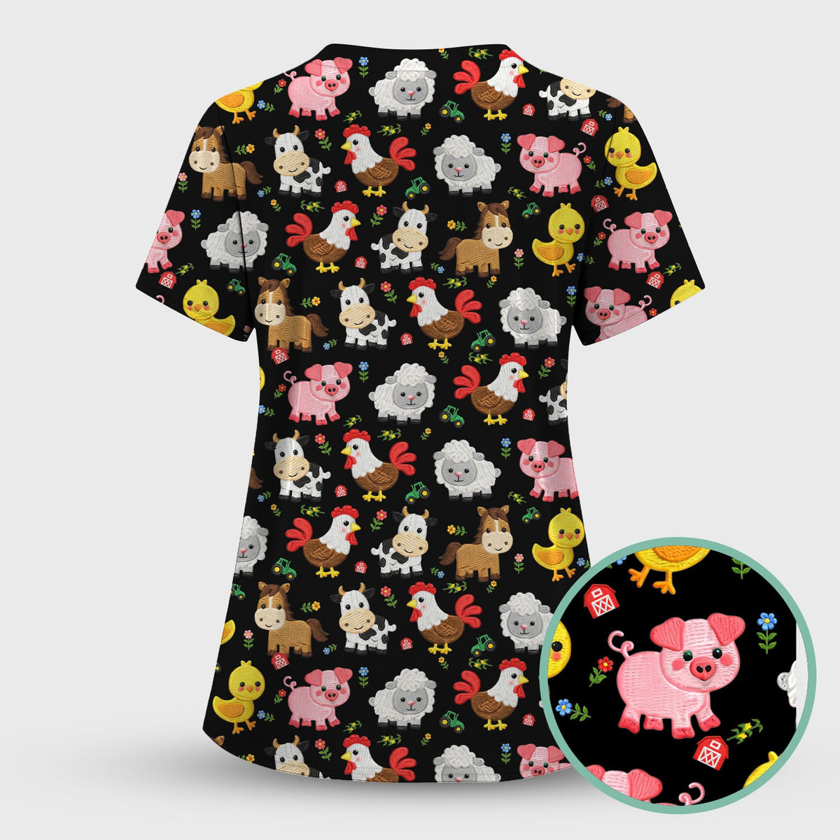 Cartoon Farm Animal Nurse Scrub Top
