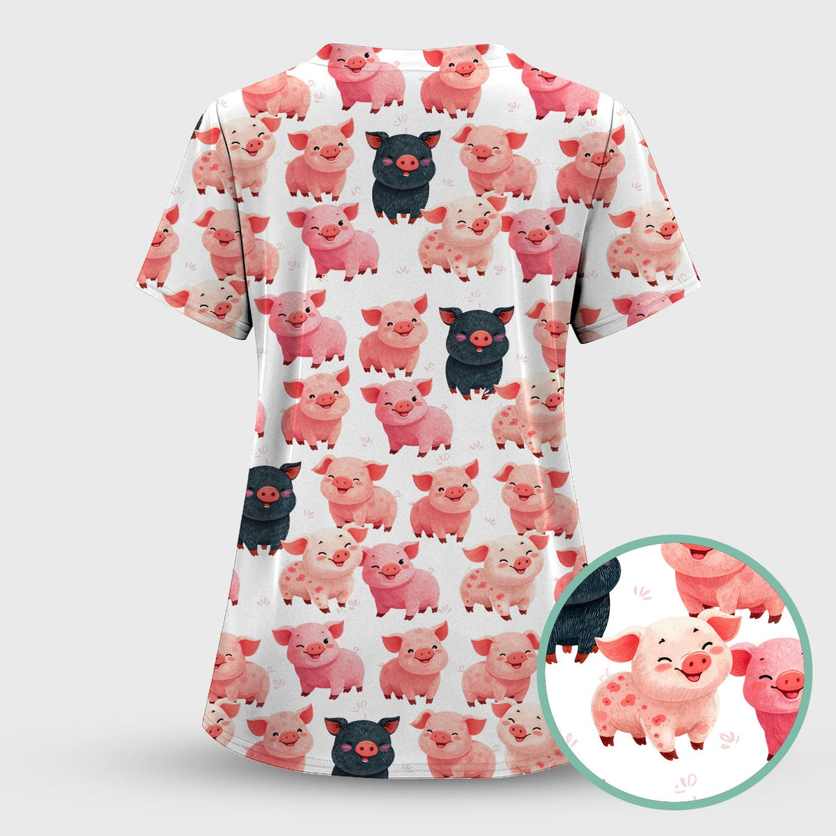 Funny Farm Pig Cartoon Pattern Scrub Set, Nurse Uniform Scrubs Set