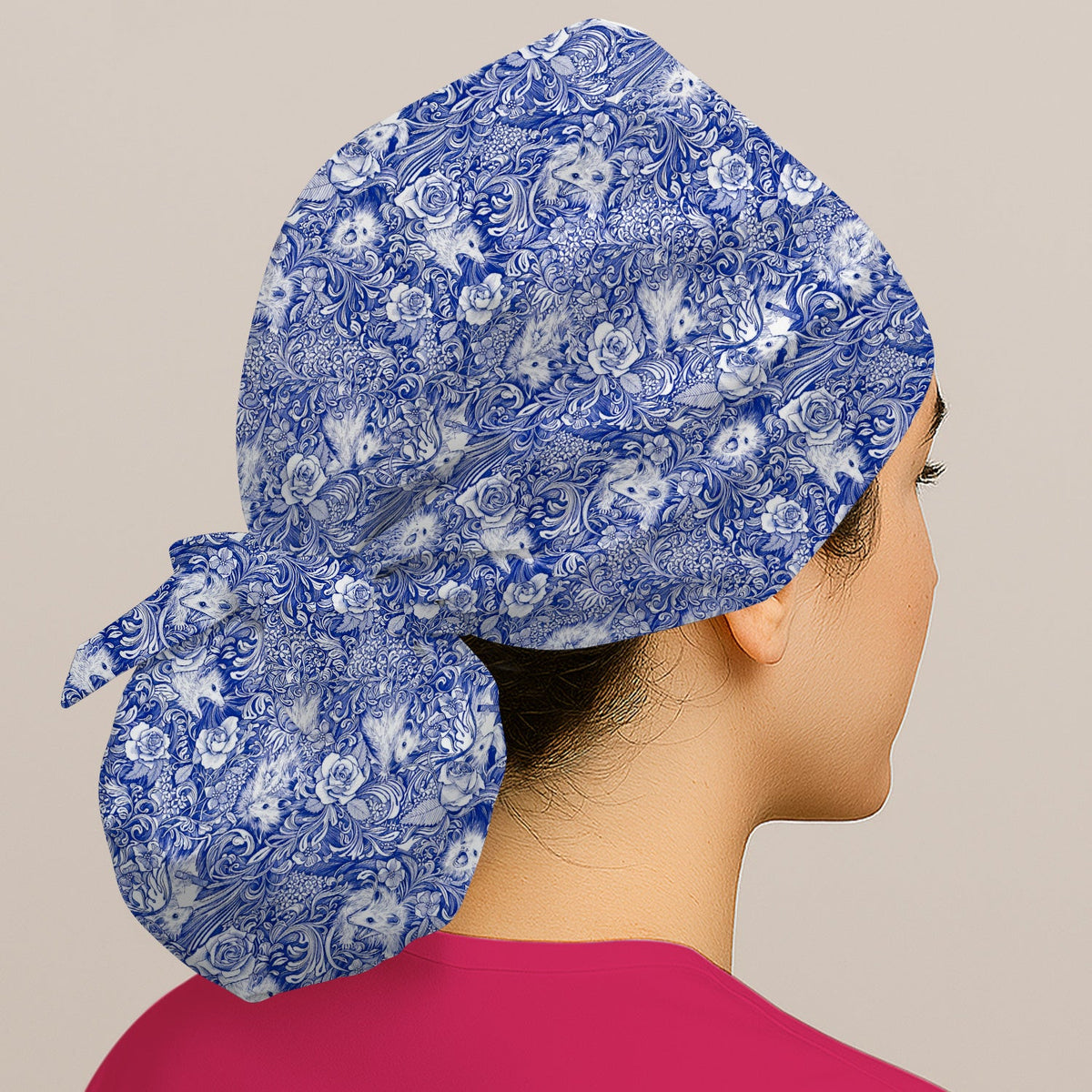 Blue Toile Opossum Floral Scrub Cap