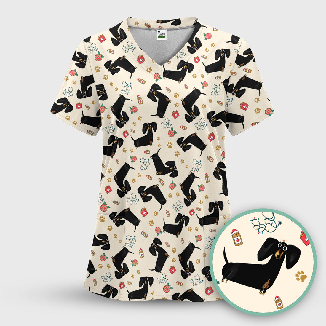 Black Dachshund Nurse Scrub Top - Gift For Dog Lover