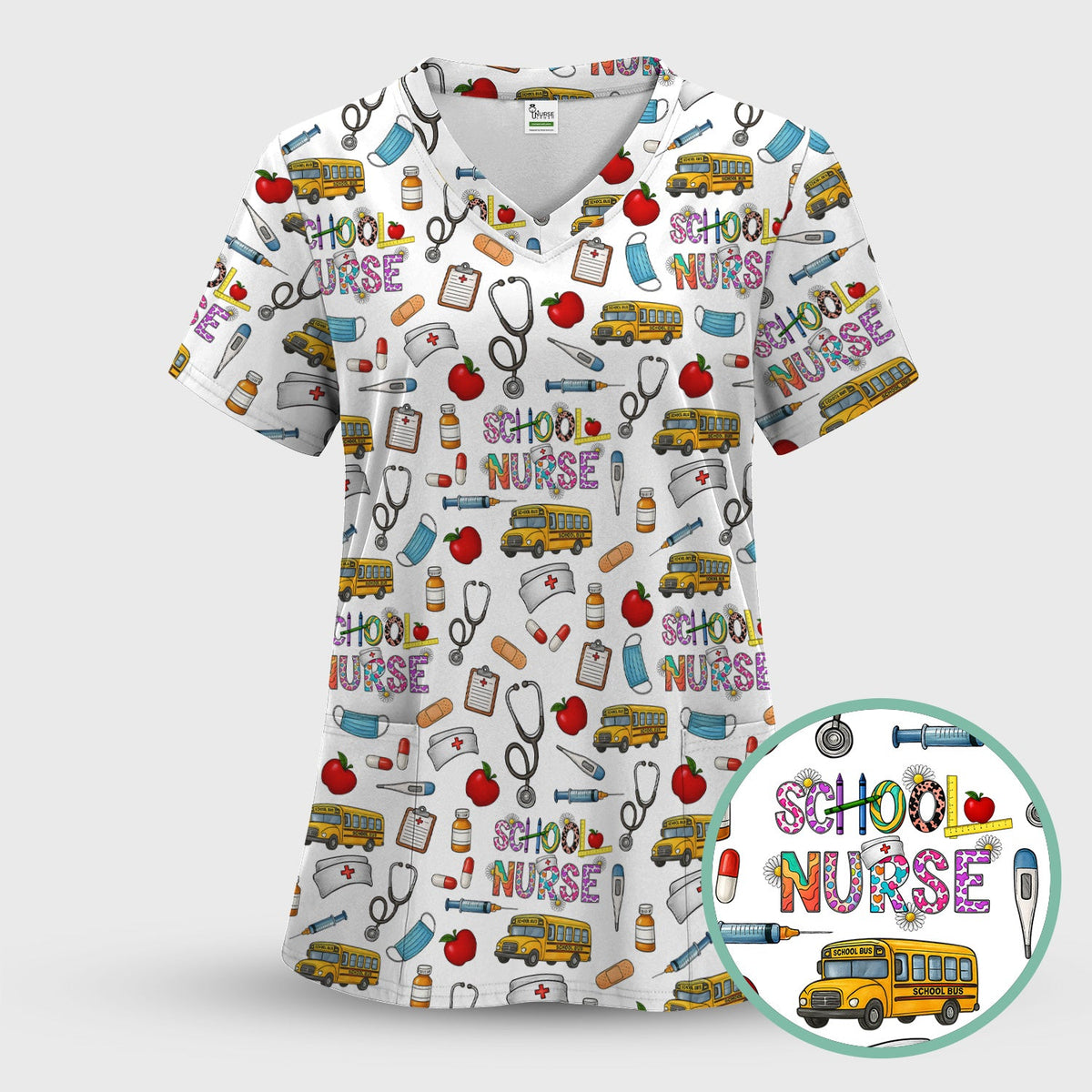 School Bus Stethoscope Nurse Scrub Top