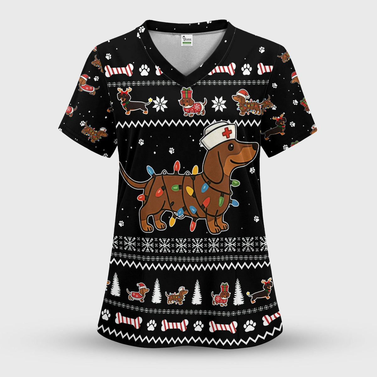 Christmas Dachshund Nurse Scrub Top for Women - Cute Sausage Dog Wearing Lights - Funny Holiday Medical Shirt Gift for RN CNA LPN