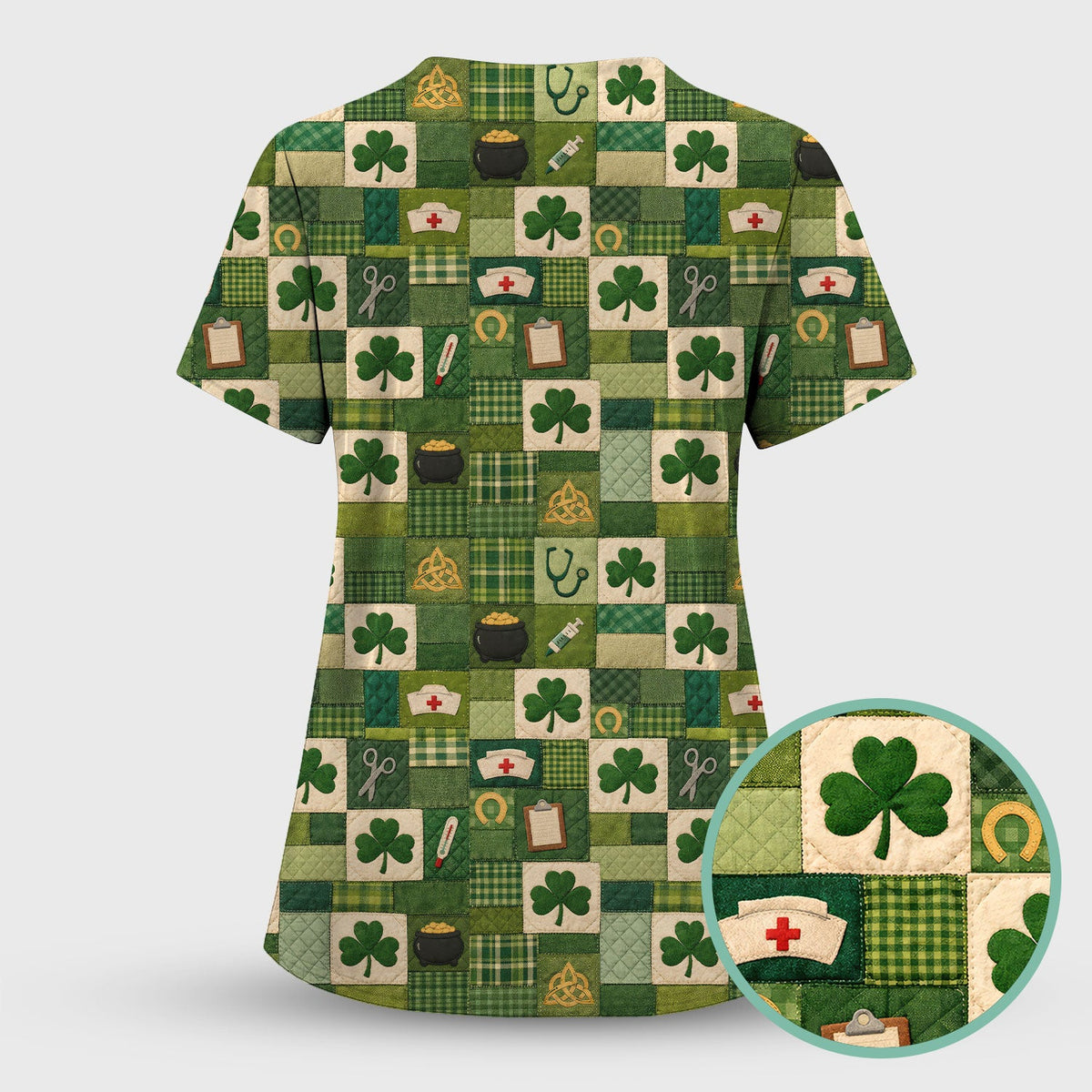 St Patrick Patchwork Shamrock Nurse Scrub Top