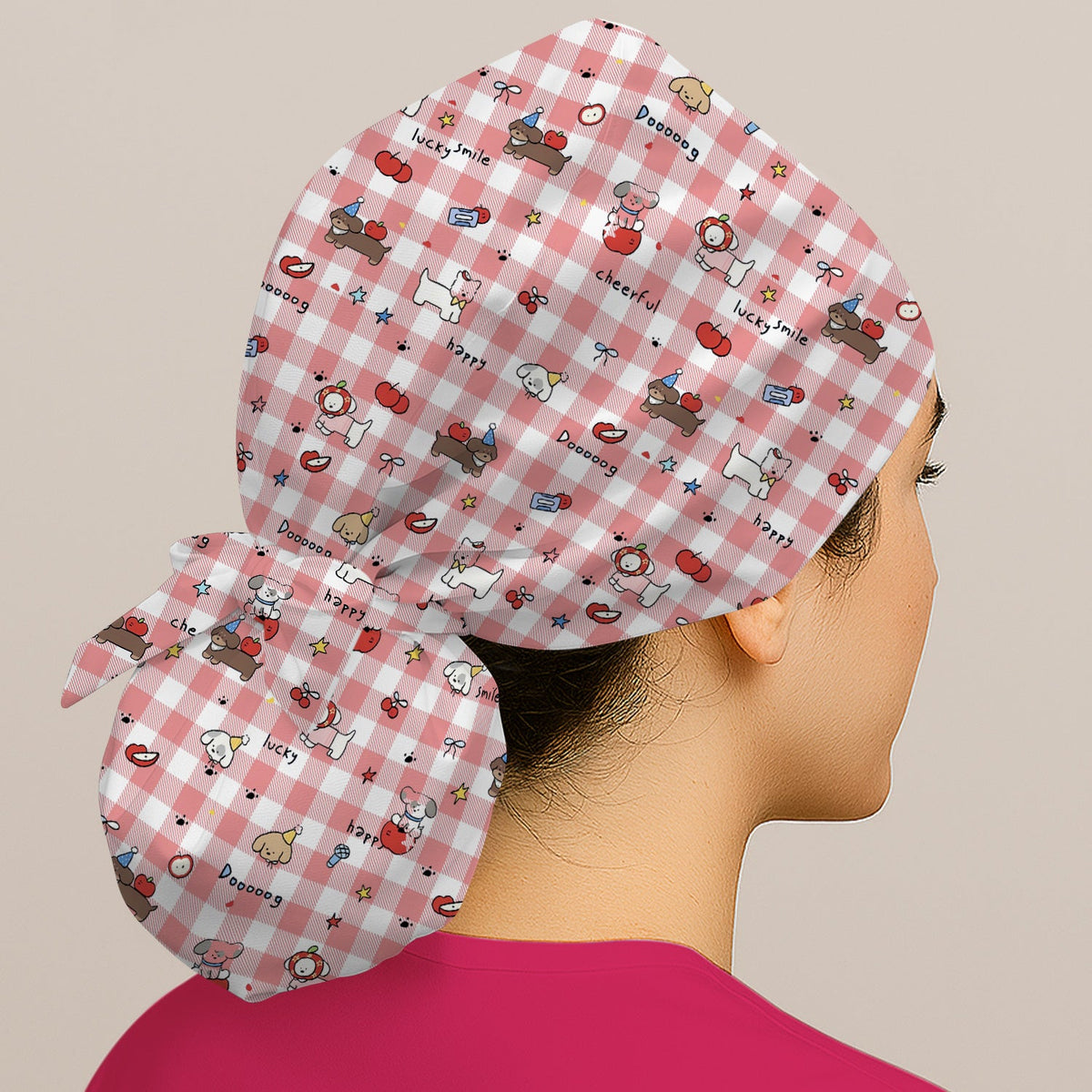 Cartoon Puppy Apple Gingham Scrub Cap