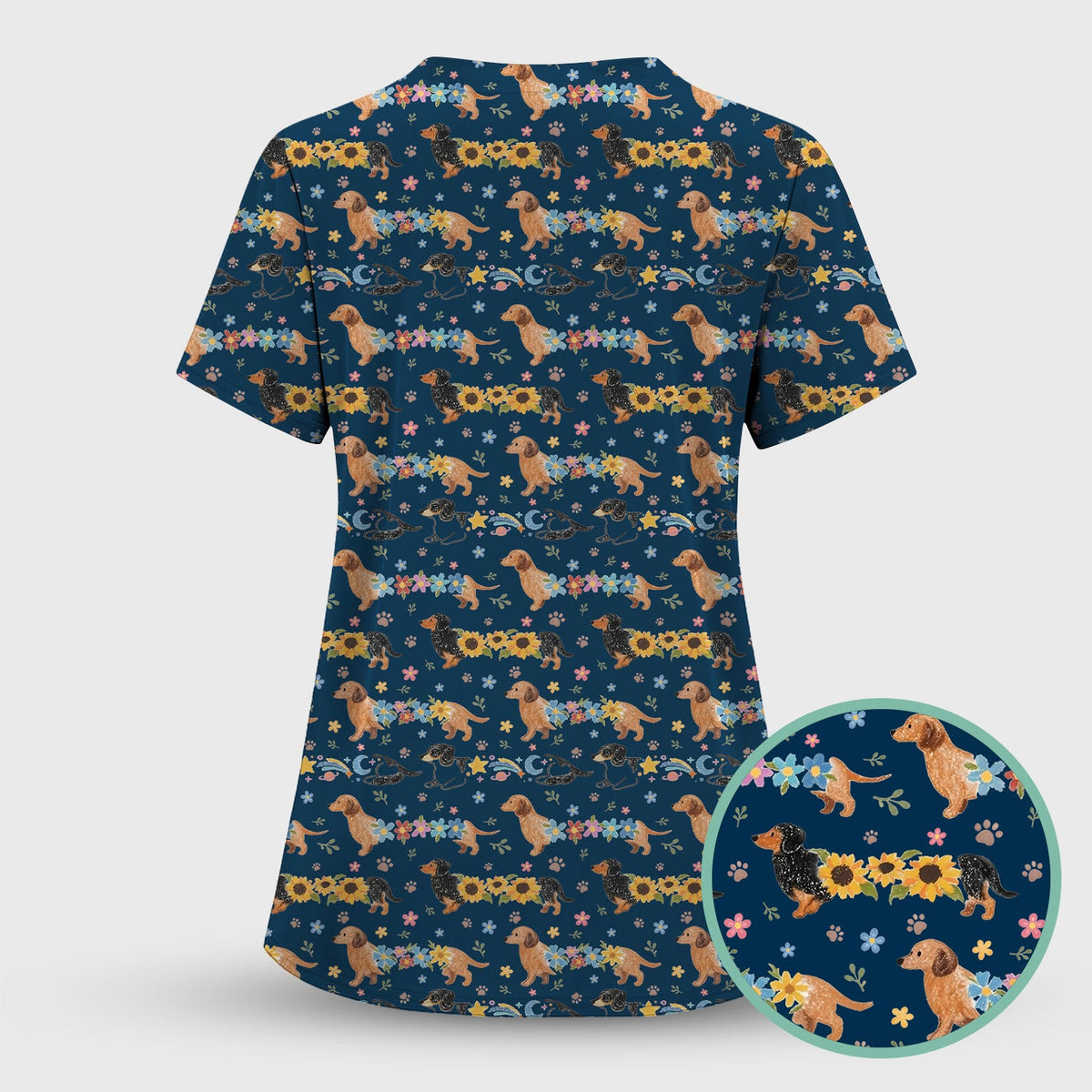 Floral Wiener Dog Nurse Scrub Top