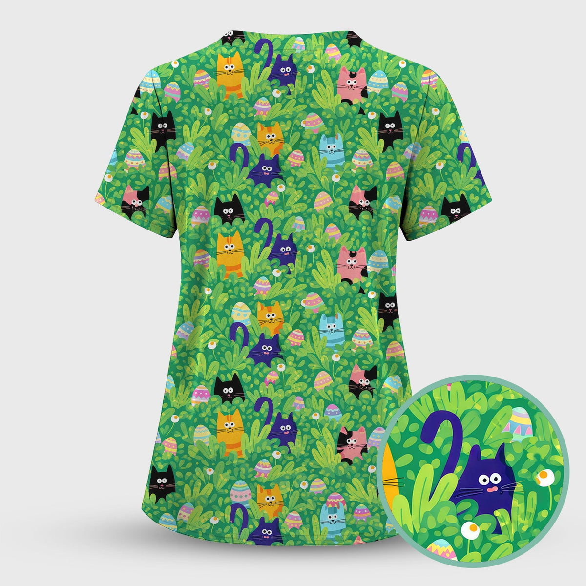 Colorful Easter Cats Green Leaves Print Scrub Top, Comfortable Scrubs for Nurses