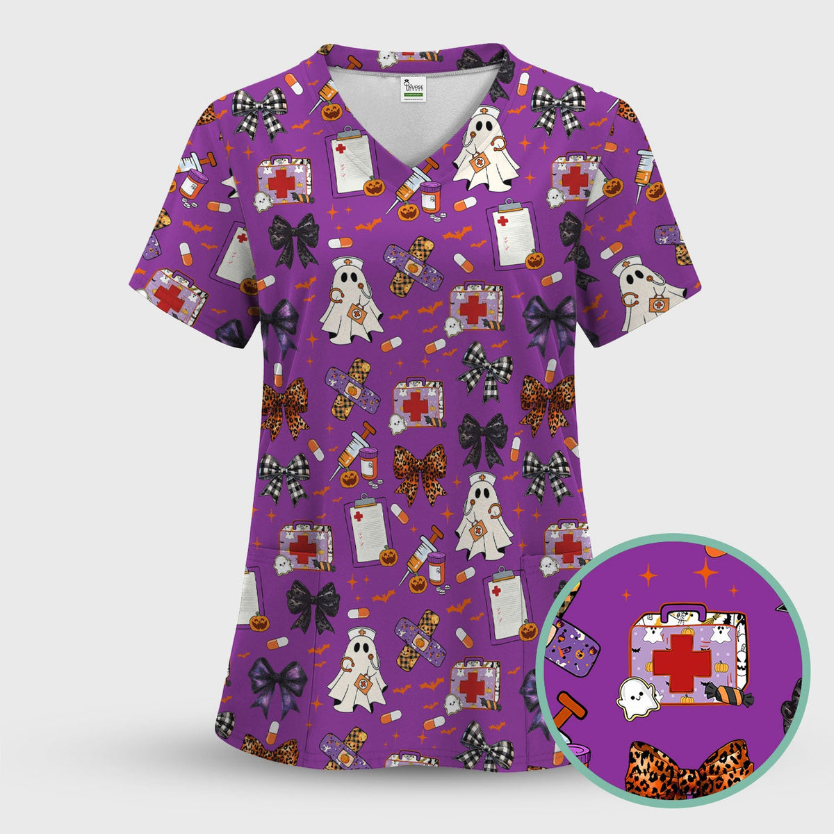 Spooky Ghost Pumpkin Bow Nurse Scrub Top
