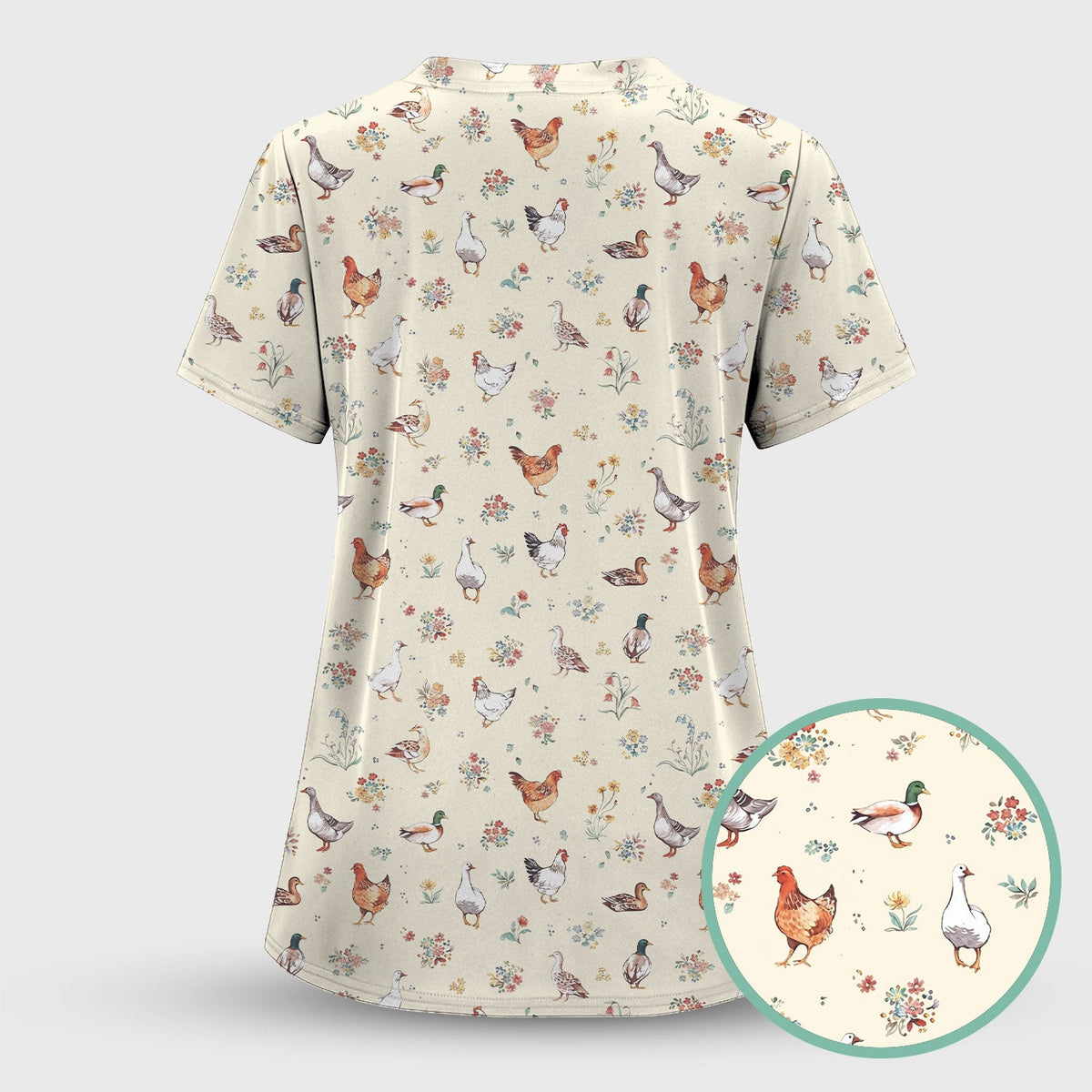 Farm Chicken Duck Floral Pattern Scrubs Top, Comfortable Scrubs for Nurses
