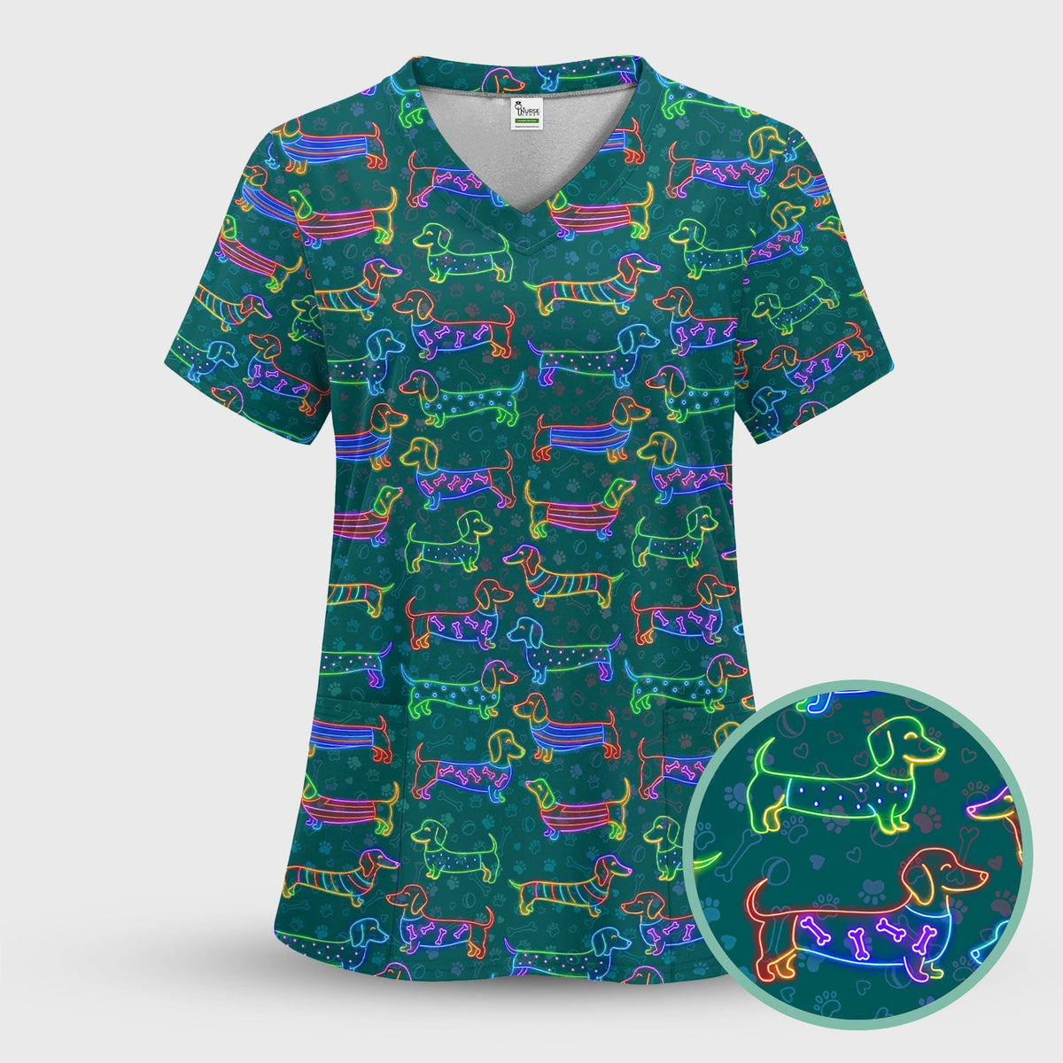 Neon Wiener Dog Nurse Scrub Top