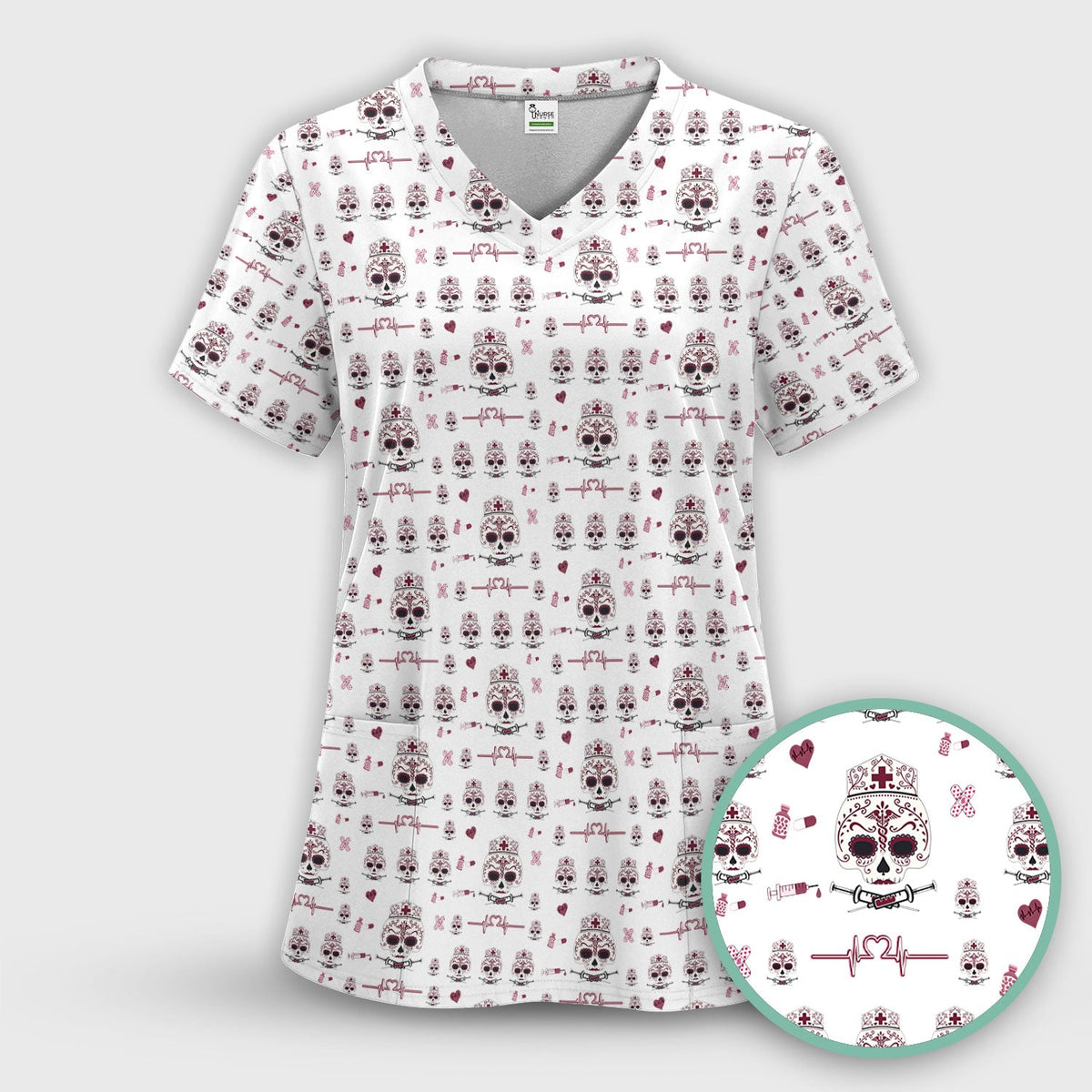 Sugar Skull Scrub Top, Skull Pattern Scrub Shirt, Breathable Fabrics Nursing Uniform