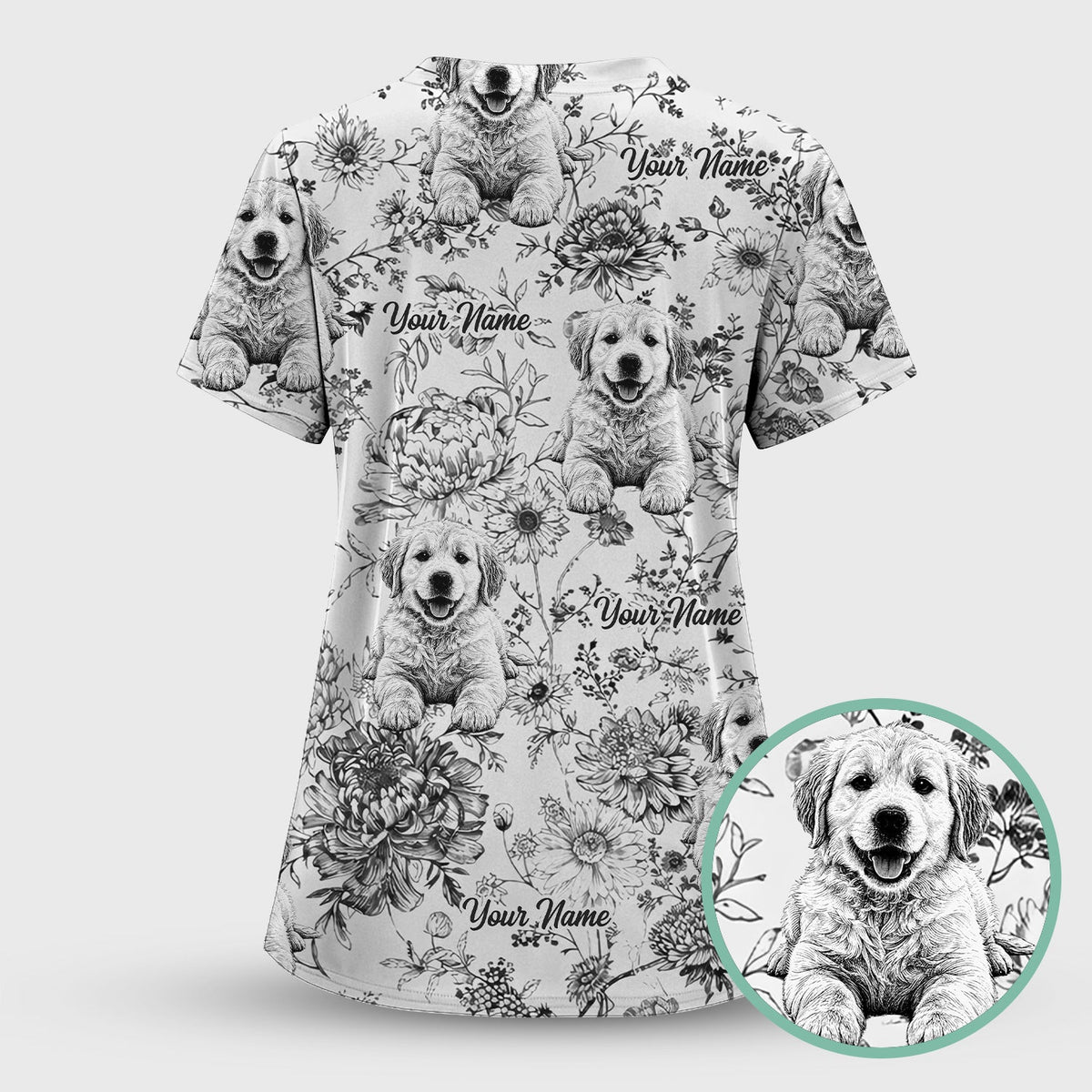 Personalized Pet Photo Floral Nurse Scrub Top