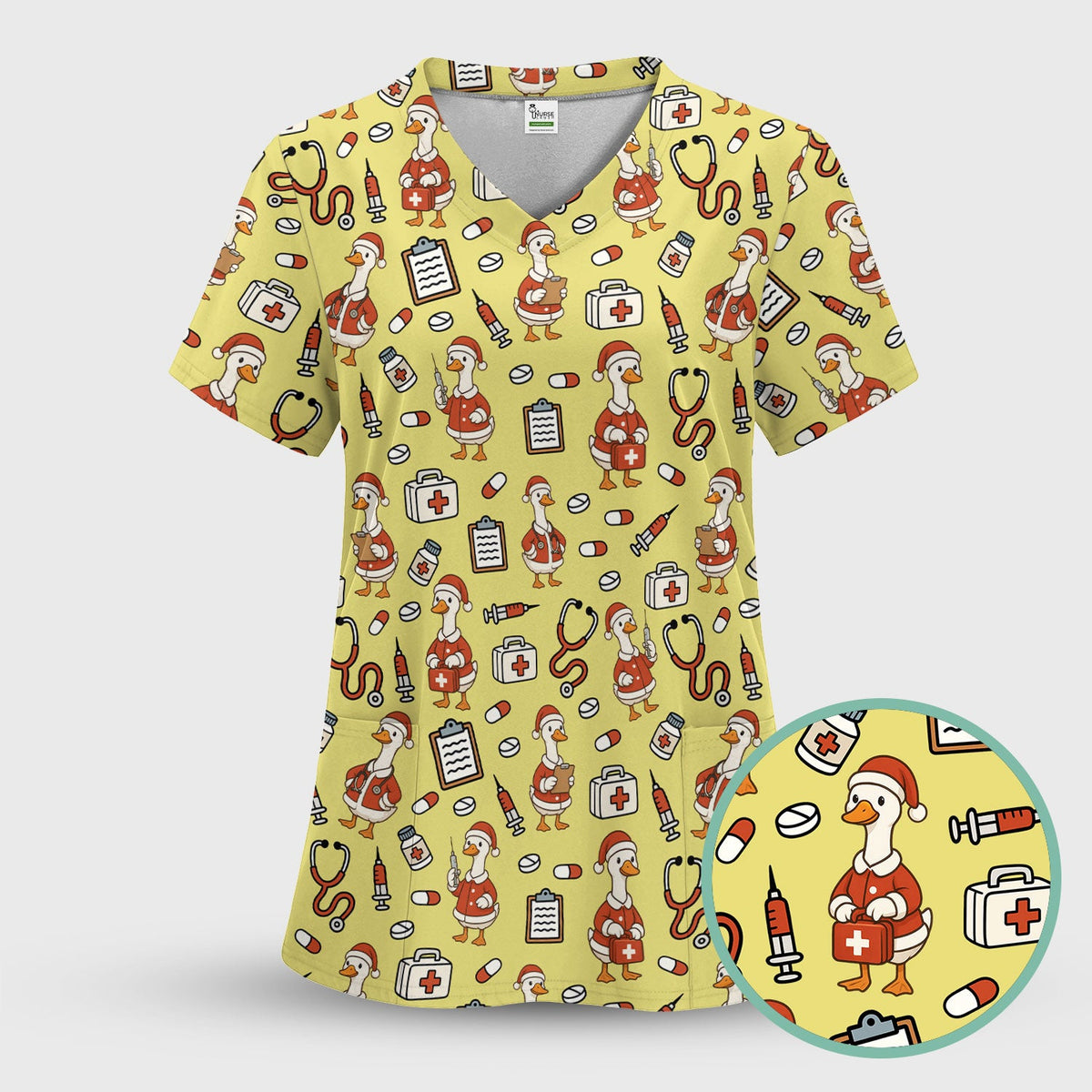 Santa Duck Nurse Scrubs - Christmas Print Medical Shirt for Women Men - Funny Holiday Scrub Top for RN CNA Doctor, Cute Xmas Gift
